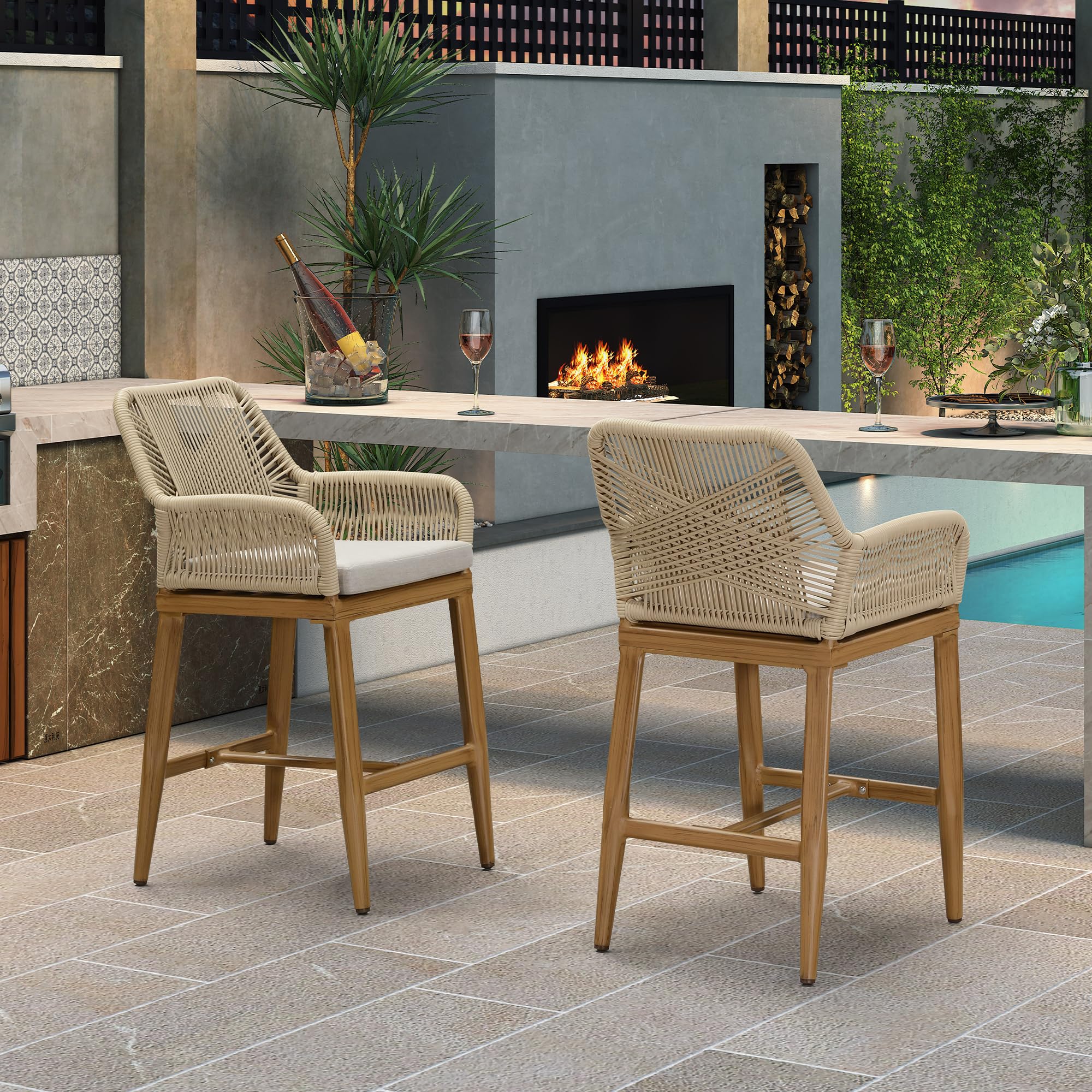 PURPLE LEAF LS04-SX-GB02-MF 2 -Set Teak 24.21-in H Counter height Square seat Upholstered Metal Bar Stool with Arms and Back