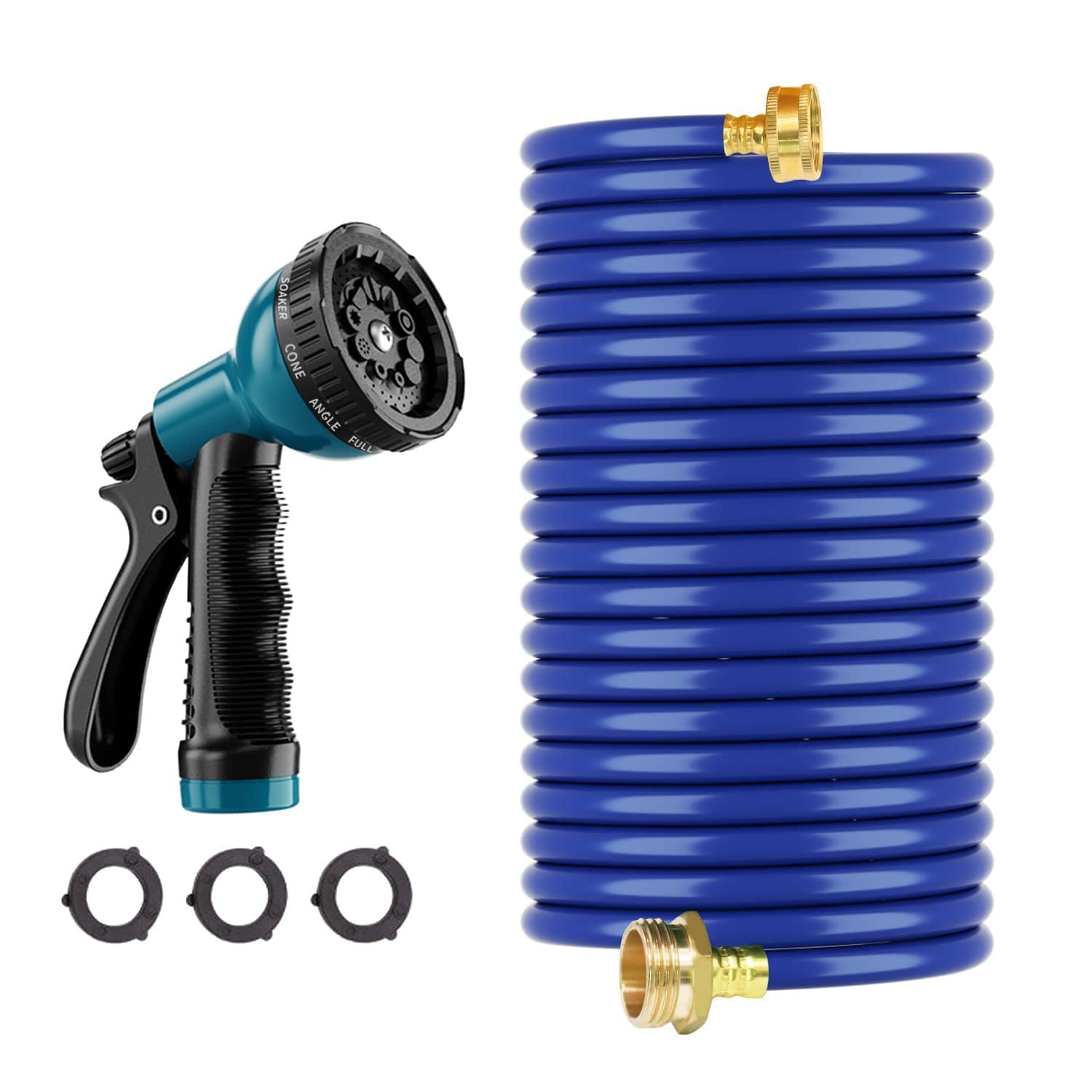 GardenJoy - 50ft Blue EVA Coil Garden Hose 3/4 in with 10 Way Adjustable Nozzle Durable Anti Tang...