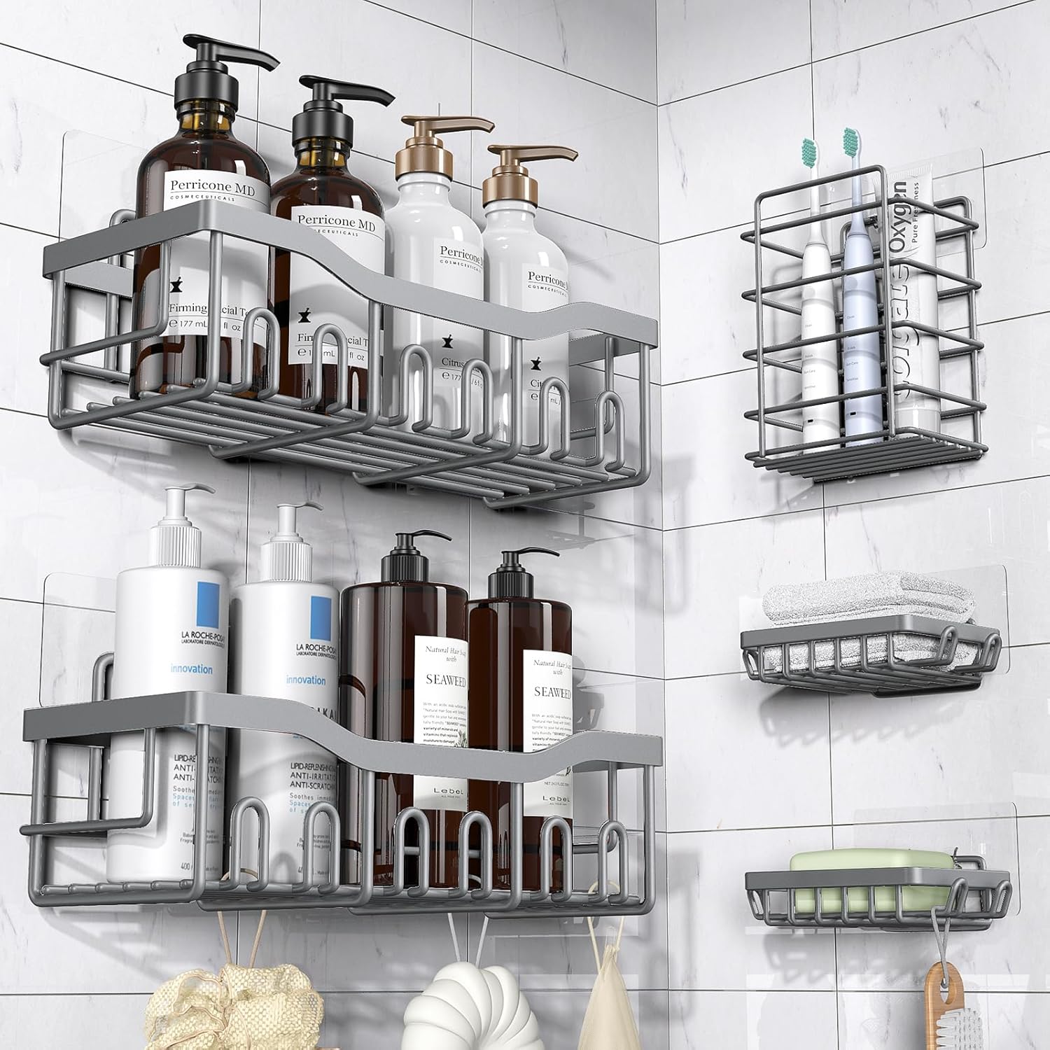 EUDELE  5 Pack Rustproof Stainless Steel Shower Caddy No Drill Adhesive Bathroom Organizer with Large Capacity Spacious Shower Shelves for Inside Shower Kitchen Home Decor Storage XL Size