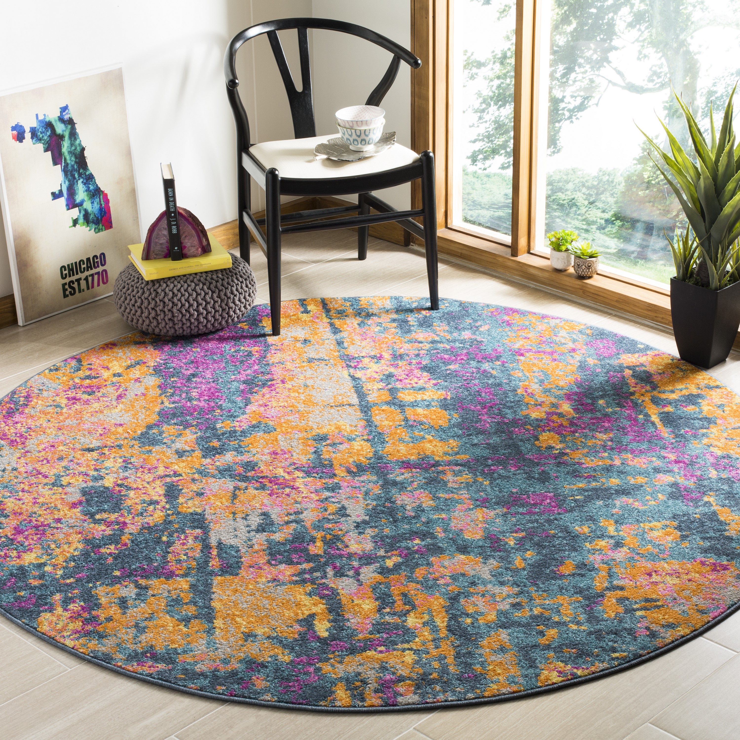 Safavieh MAD143A-7R Madison Langley 7 x 7 (ft) Loomed Polypropylene Blue/Orange Round Indoor Abstract Bohemian/Eclectic Area rug
