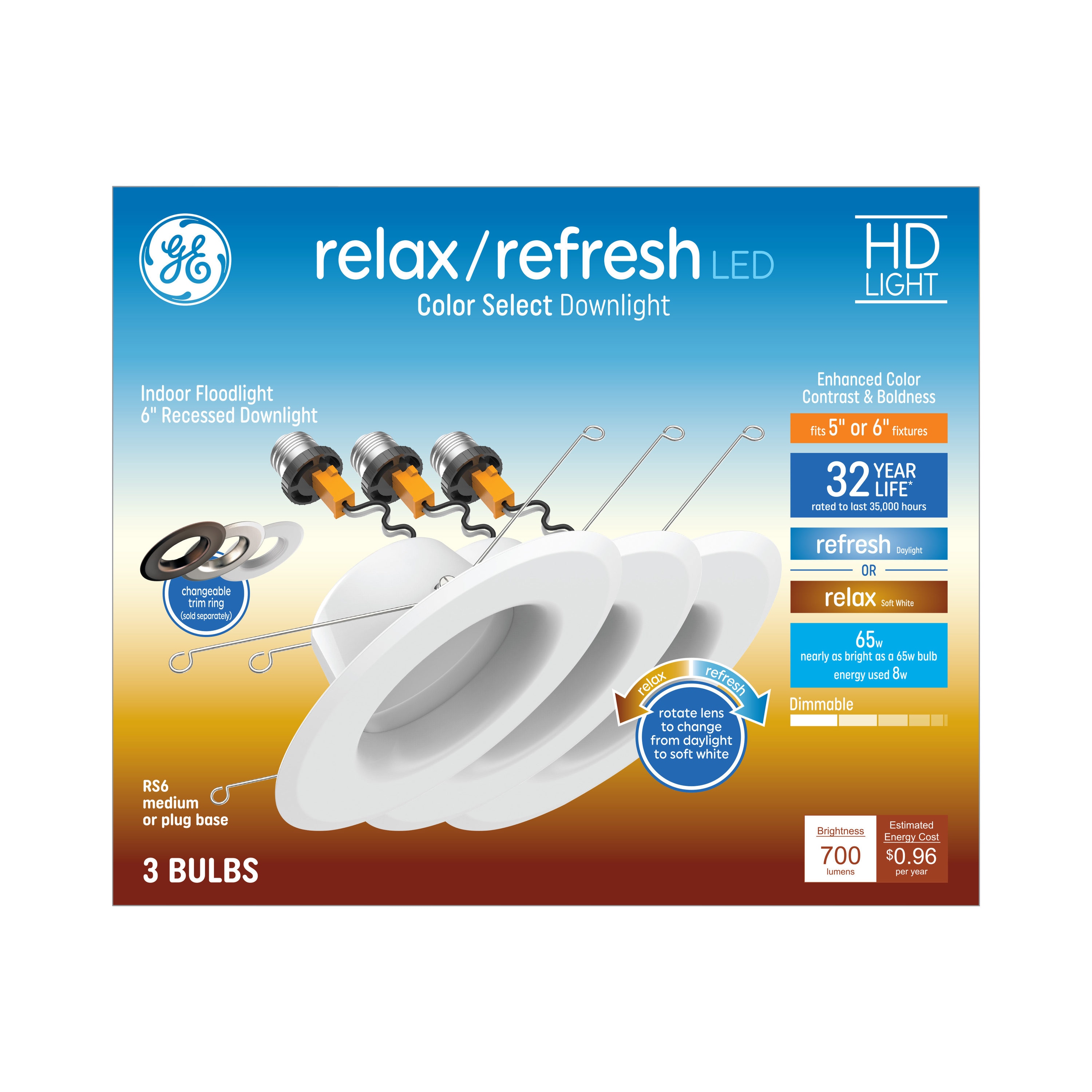 GE Relax/Refresh White 5-in or 6-in 700-Lumen Switchable Round Dimmable LED  Recessed Downlight (3-Pack) in the Recessed Downlights department at 