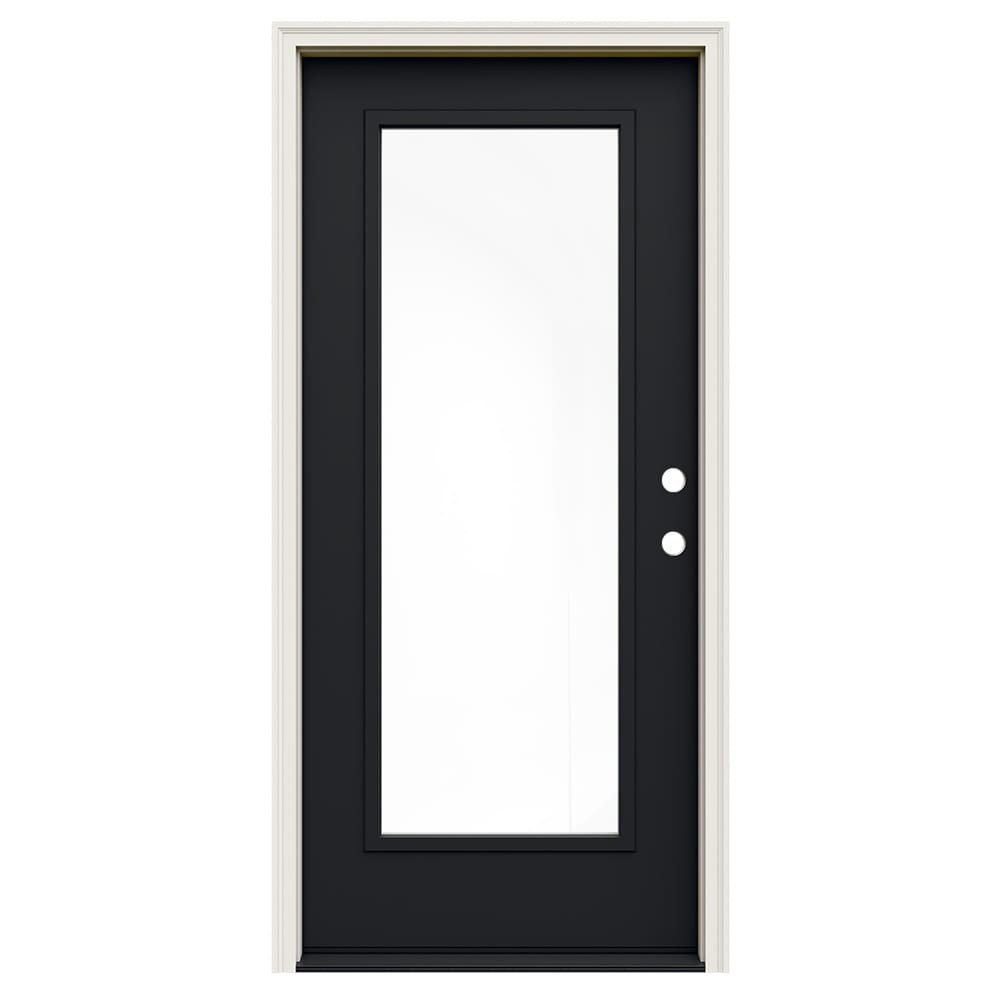 JELD-WEN JWPRO230600842 36-in x 80-in x 4-9/16-in Steel Full lite Left-hand inswing Black Painted Prehung Front Door with Brickmould Insulating core