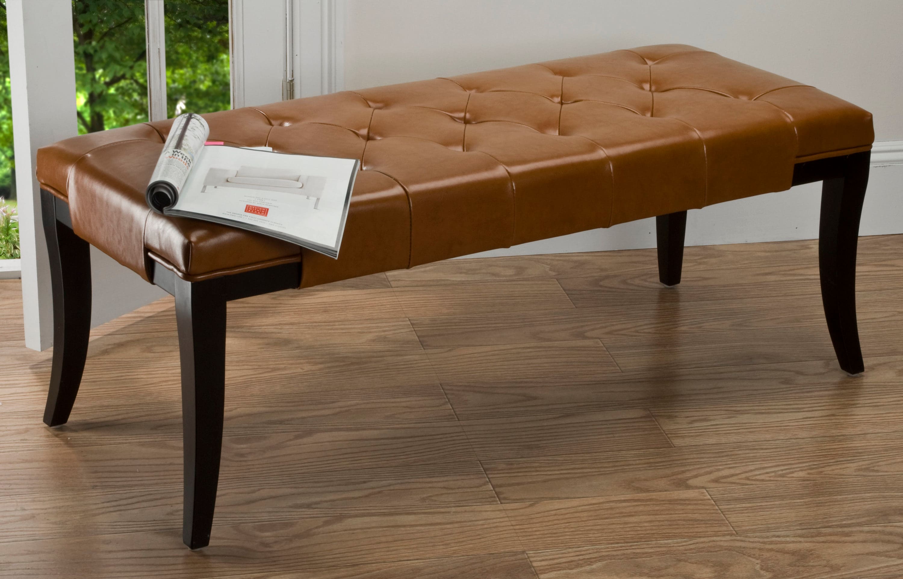 Saddle Leather and Black Beech Wood Tufted Bench