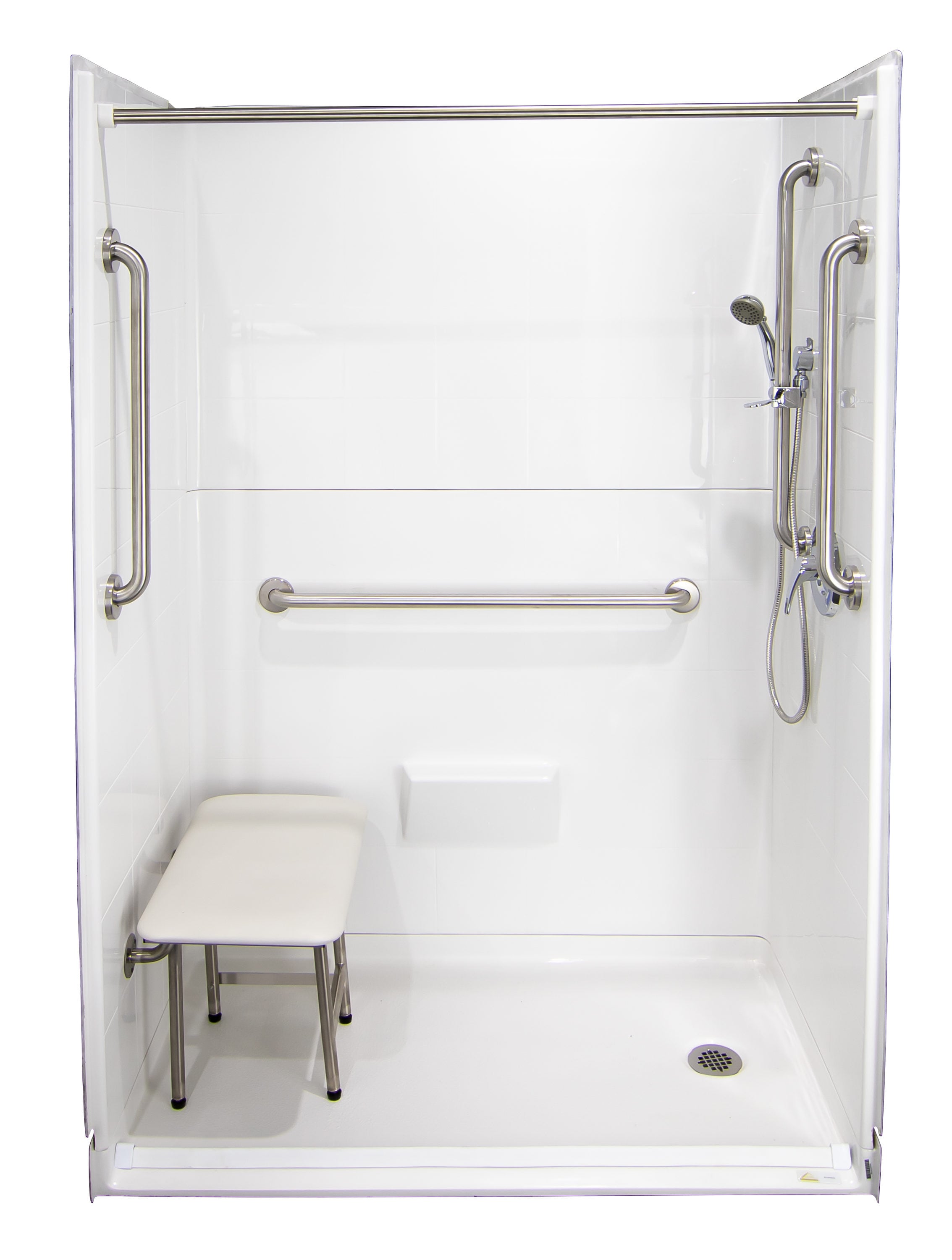 Laurel Mountain Whitwell ADA Roll-In Zero Threshold- Barrier Free White 33-in x 62-in x 78-in Base/Wall One-Piece Shower Kit with Folding Seat