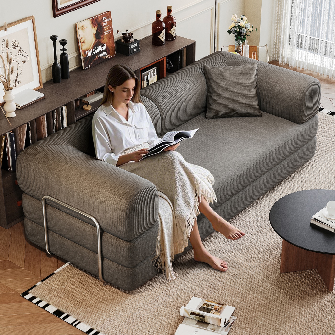 Streamdale Furniture - Streamdale Corduroy Compression Sofa Bed with Pillow Back Support Grey