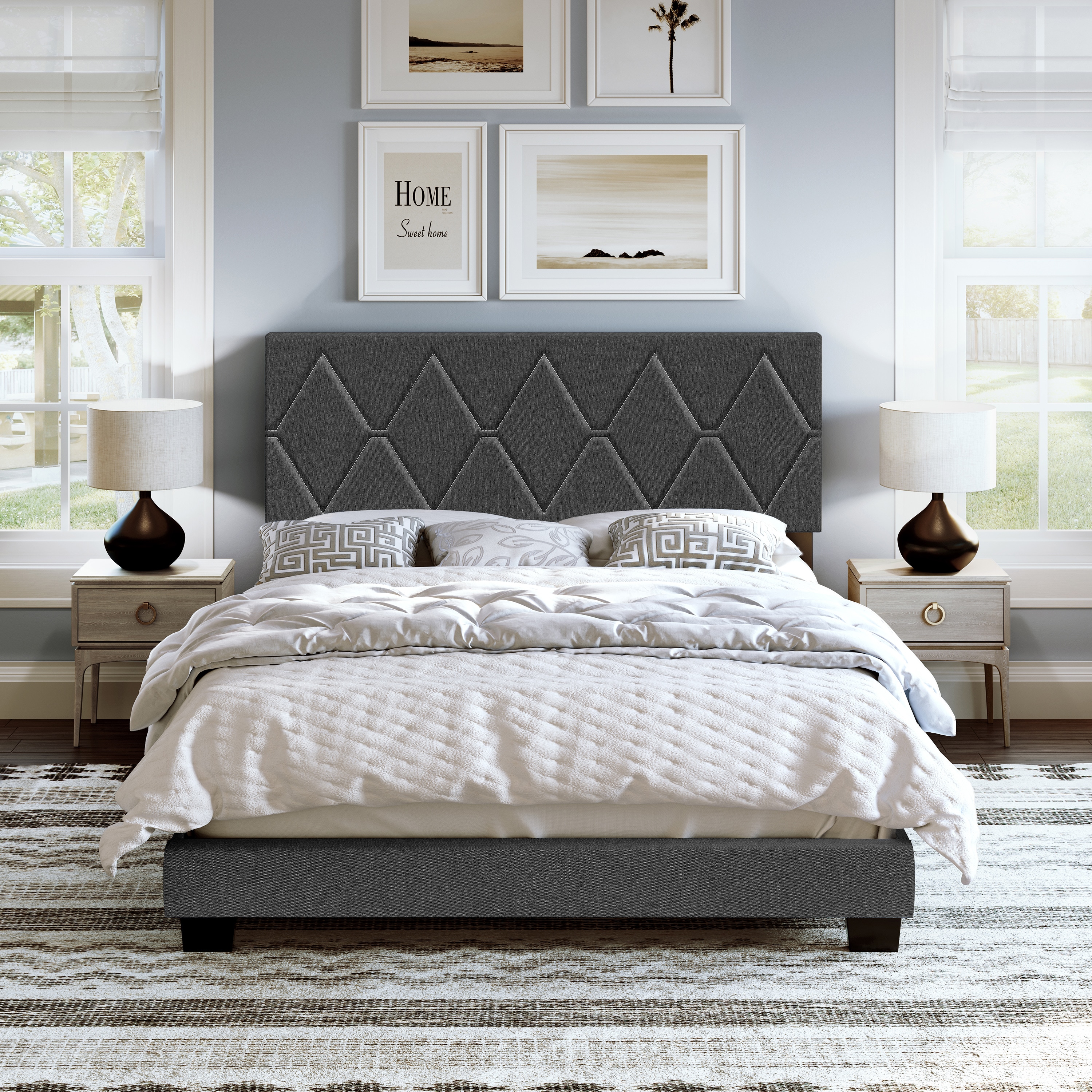 Boyd Sleep HC204700104 Diamond Linen Upholstered Platform Bed Frame with Headboard-Sturdy 4 Slat wood Support System- Requires Box Spring or Foundation