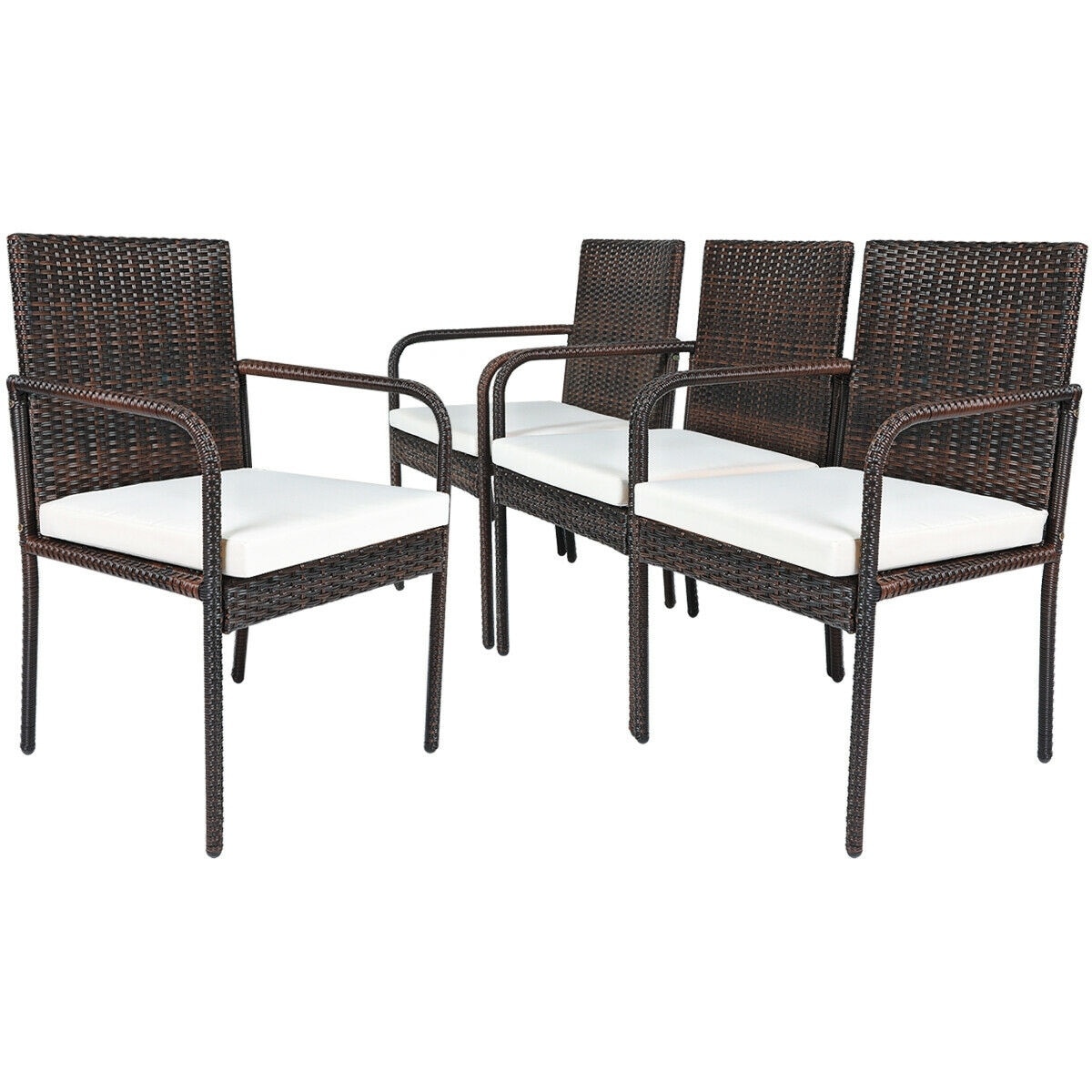 Volenca - Set of 4 Wicker Patio Dining Chairs with Brown PE Rattan and Off-White Polyester Cushions