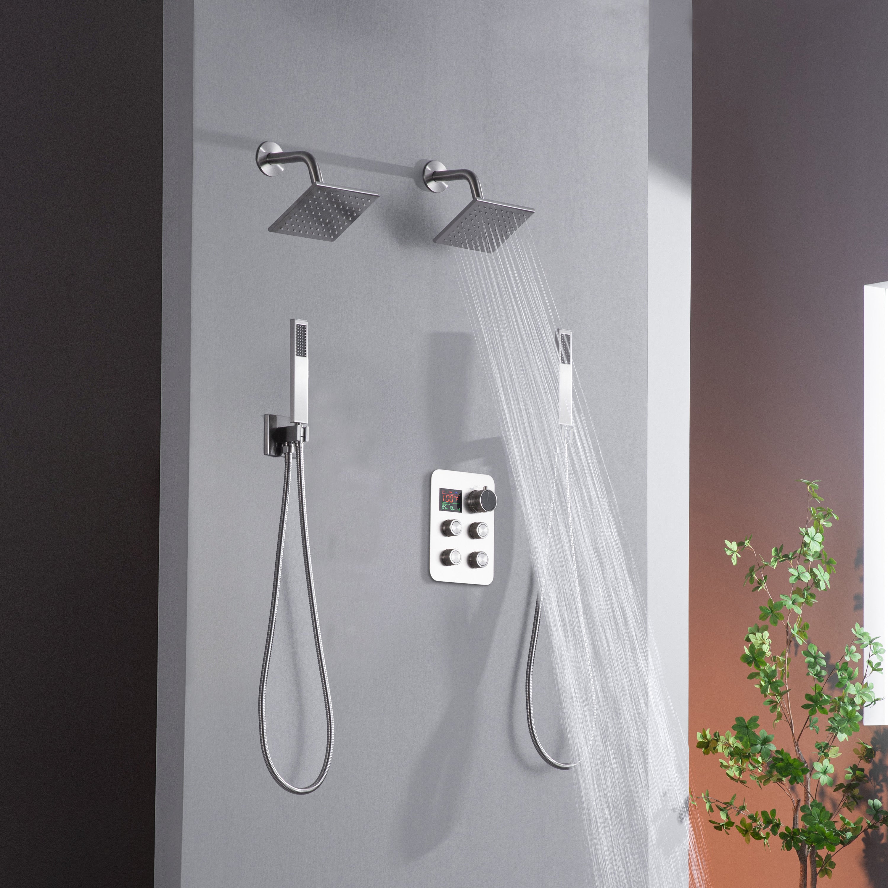 Wonderland America  Brushed Nickel 4 Way Thermostatic Faucet with Dual Regular Heads and Dual Handle wands with 7 Functions