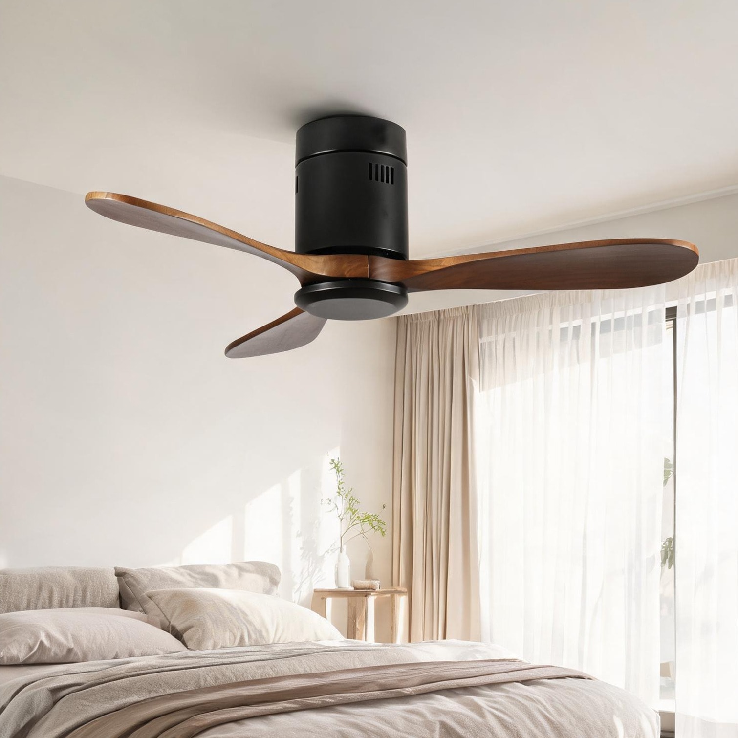 SunJet 42-Inch Ceiling Fan with Solid Wood Blades Flush Mount Reversible DC Motor Remote Control Natural Wood
