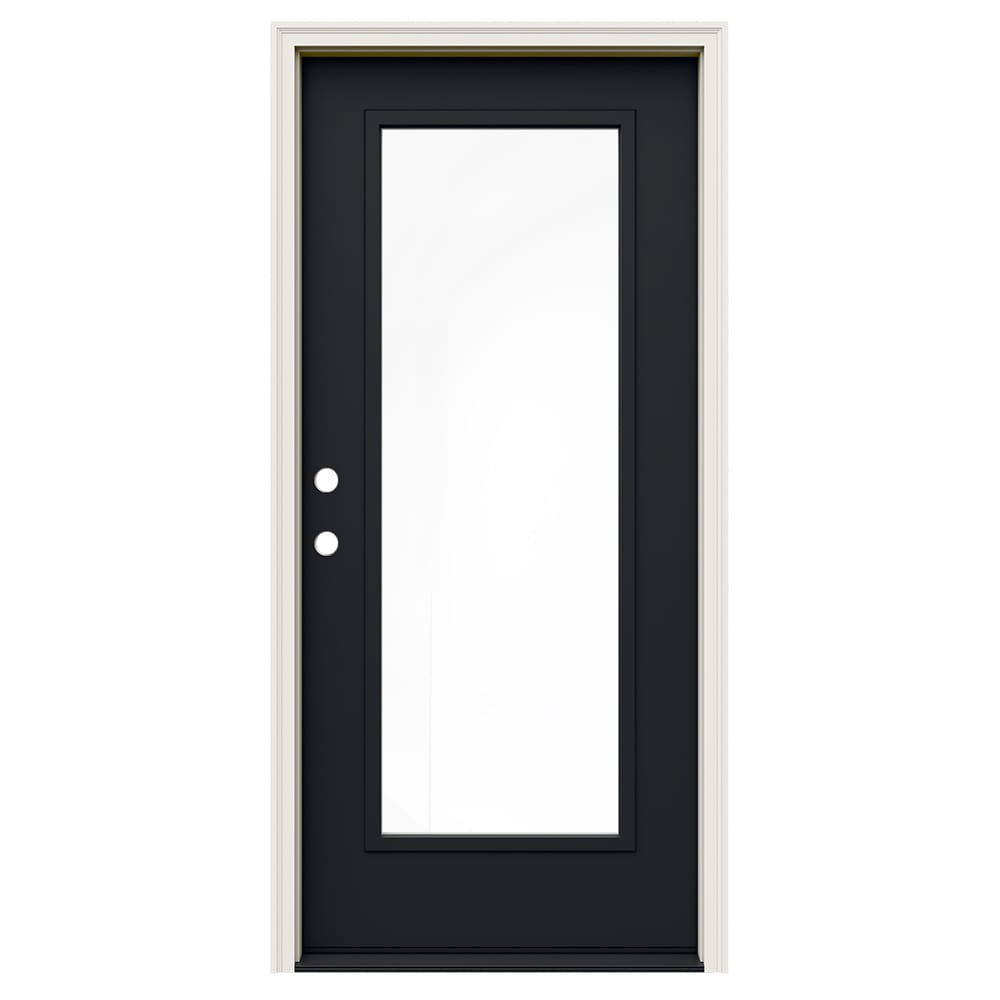 JELD-WEN JWPRO230600841 36-in x 80-in x 4-9/16-in Steel Full lite Right-hand inswing Black Painted Prehung Front Door with Brickmould Insulating core