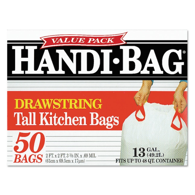 Handi-Bag Drawstring Kitchen Bags, 13 gal, 0.6 mil, 24 x 27.4, White