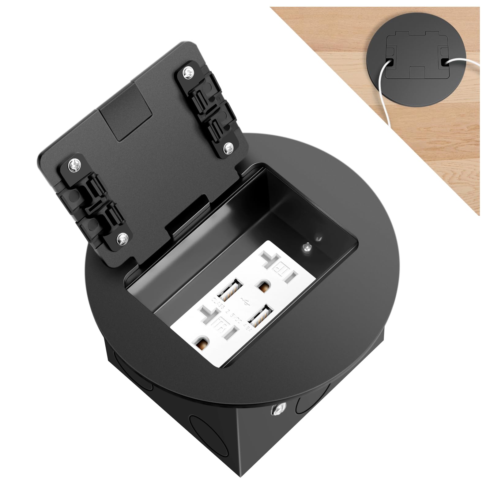Ahfiwaso  Recessed Floor Electrical Outlet Kit Circular Hidden 4 8A USB 20A Tamper Resistant Receptacle Outlet Waterproof Electrical Outlet