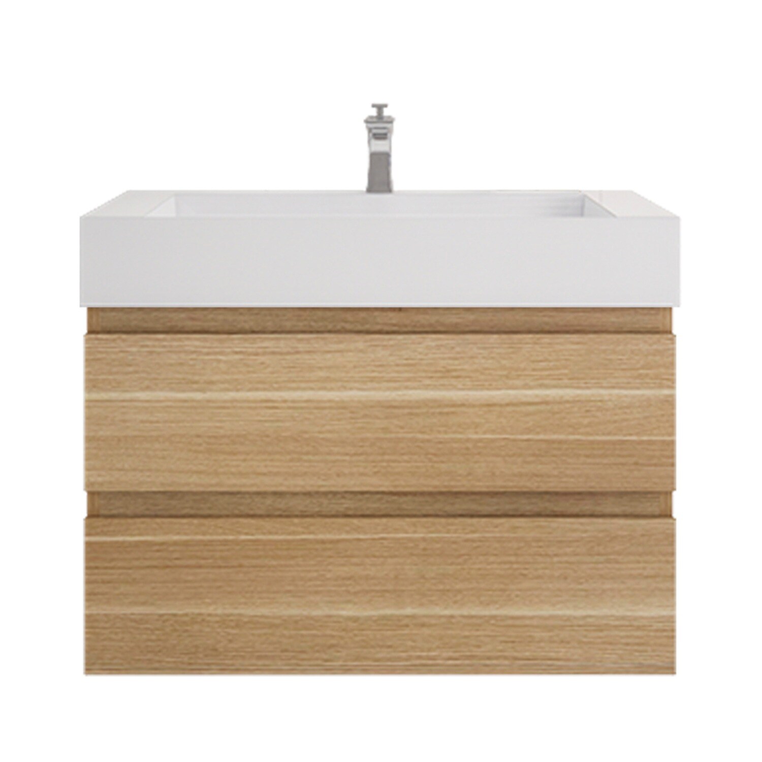 Close-up of white rectangular sink atop wood vanity