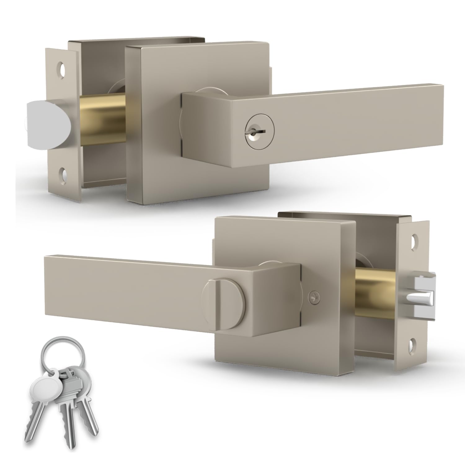 Mega Handles  ROBELL Entry Lever - Door Handle - Heavy Duty Square Locking Door Levers Set for Left or Right-Handed Doors - Satin Nickel