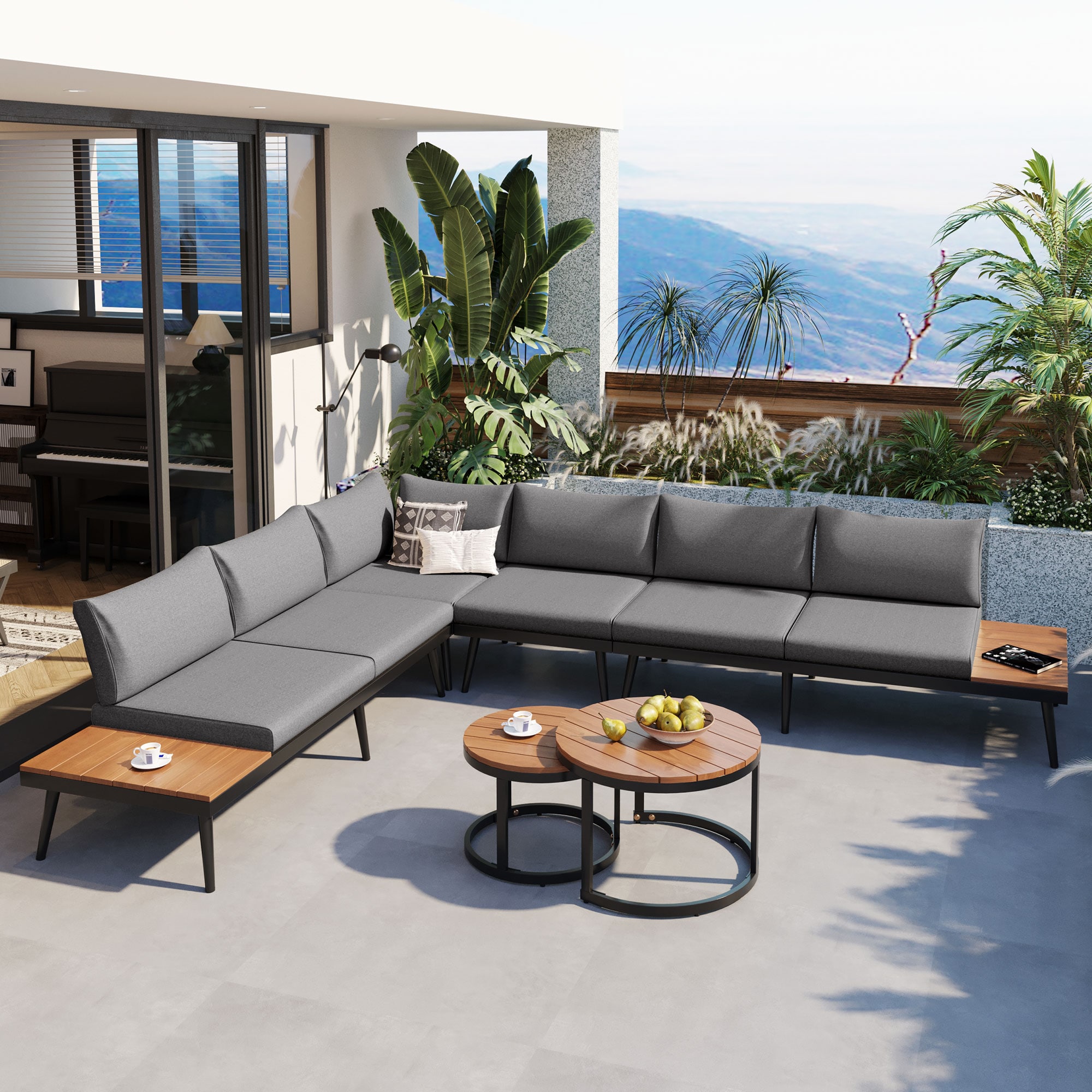 AAZJ TEM-001AAE Patio Conversation Sets 6-Piece Patio Conversation Set with Gray Cushions