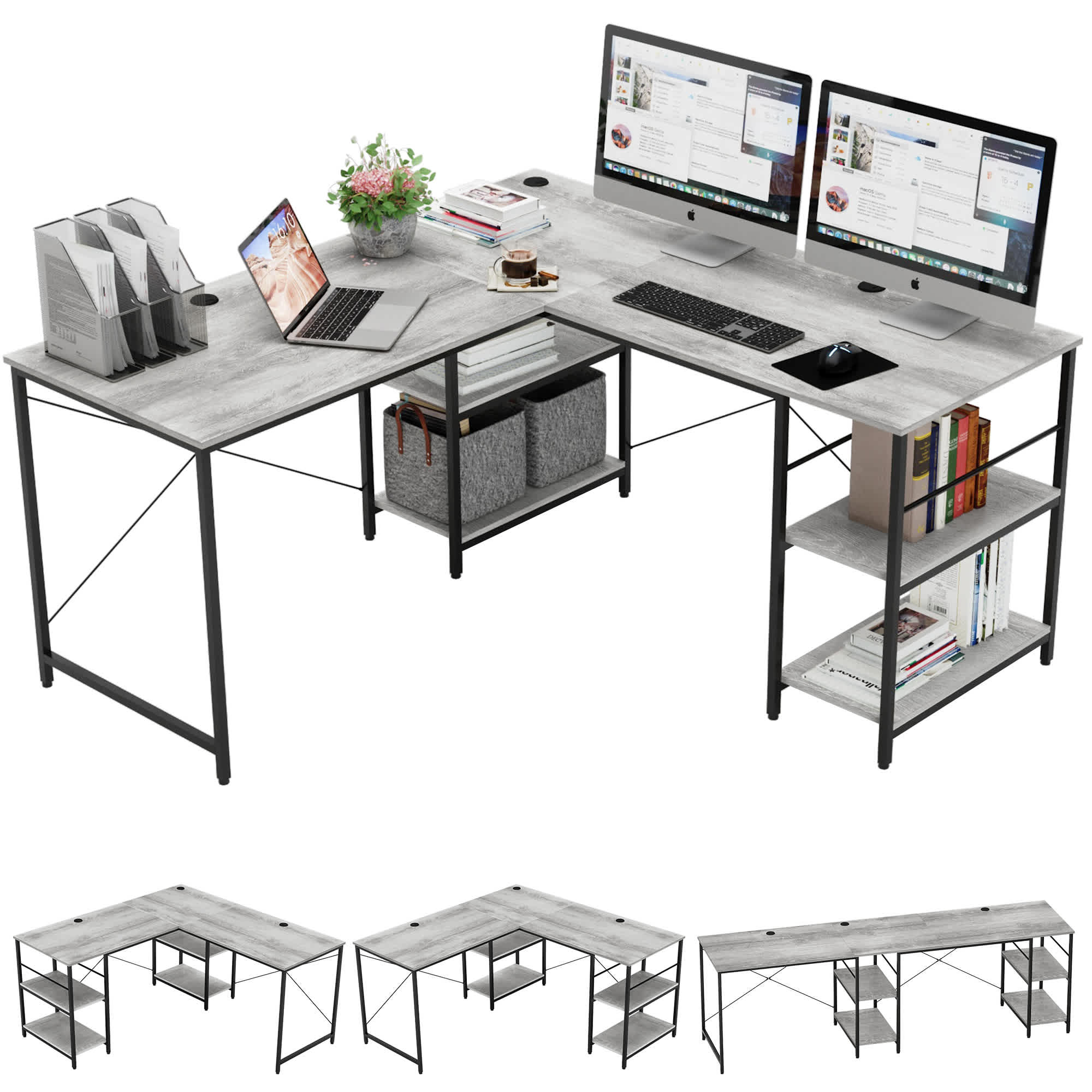 Bestier LOW-15158-D31BSH 59.45-in W 3-Shelf Gray Computer Desk with 3 Cable Holes
