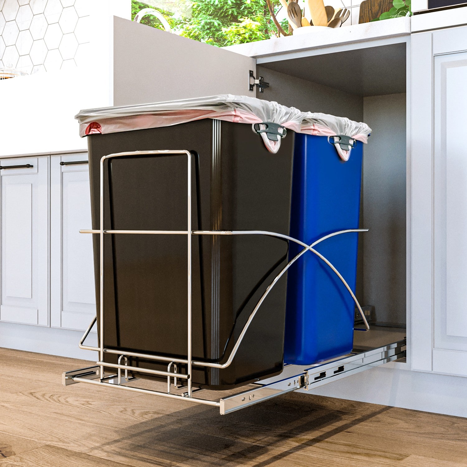 Dual Compartment Black and Blue Plastic Pull-Out Kitchen Trash Can