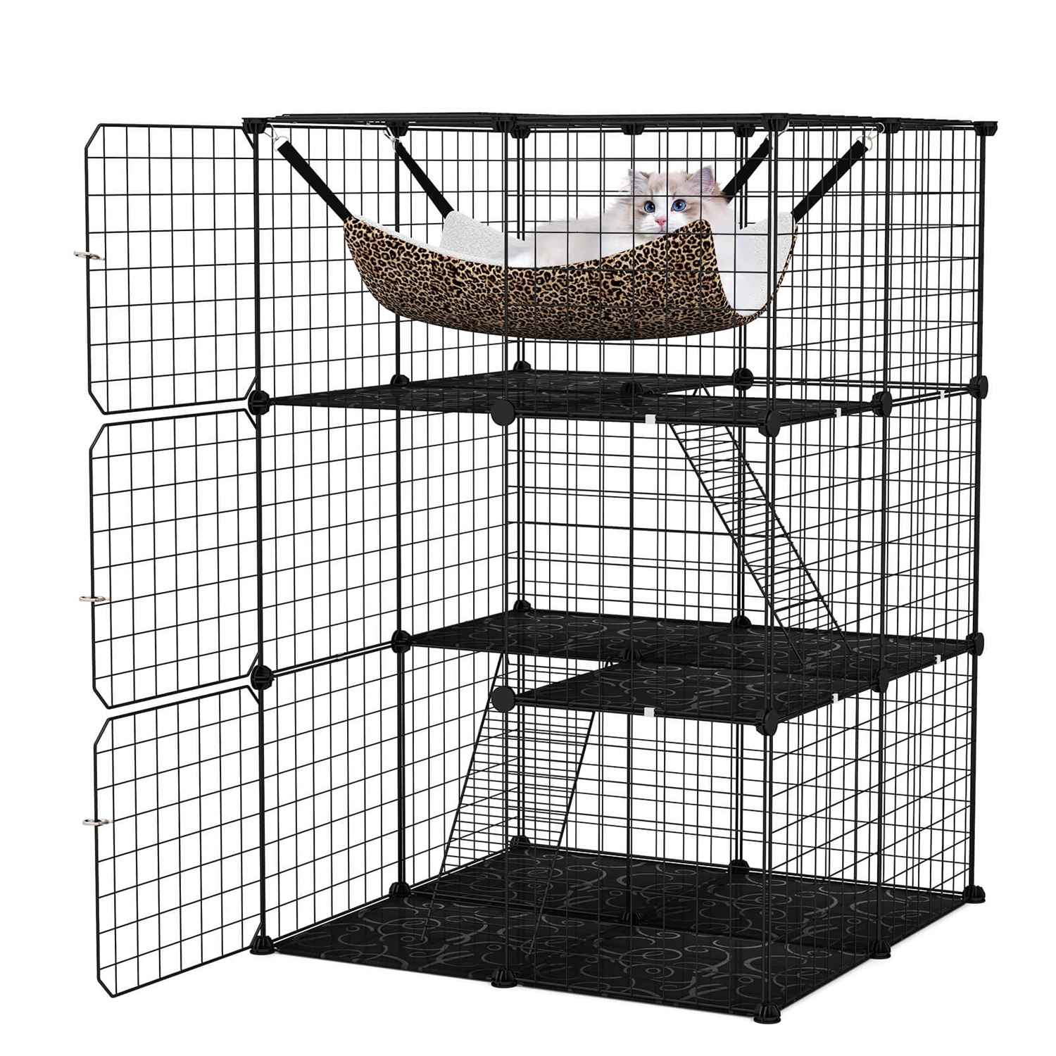 Costway - 3 Tier Cat Enclosure with Comfy Hammock 2 Ladders 3 Doors and 1 Sky Window