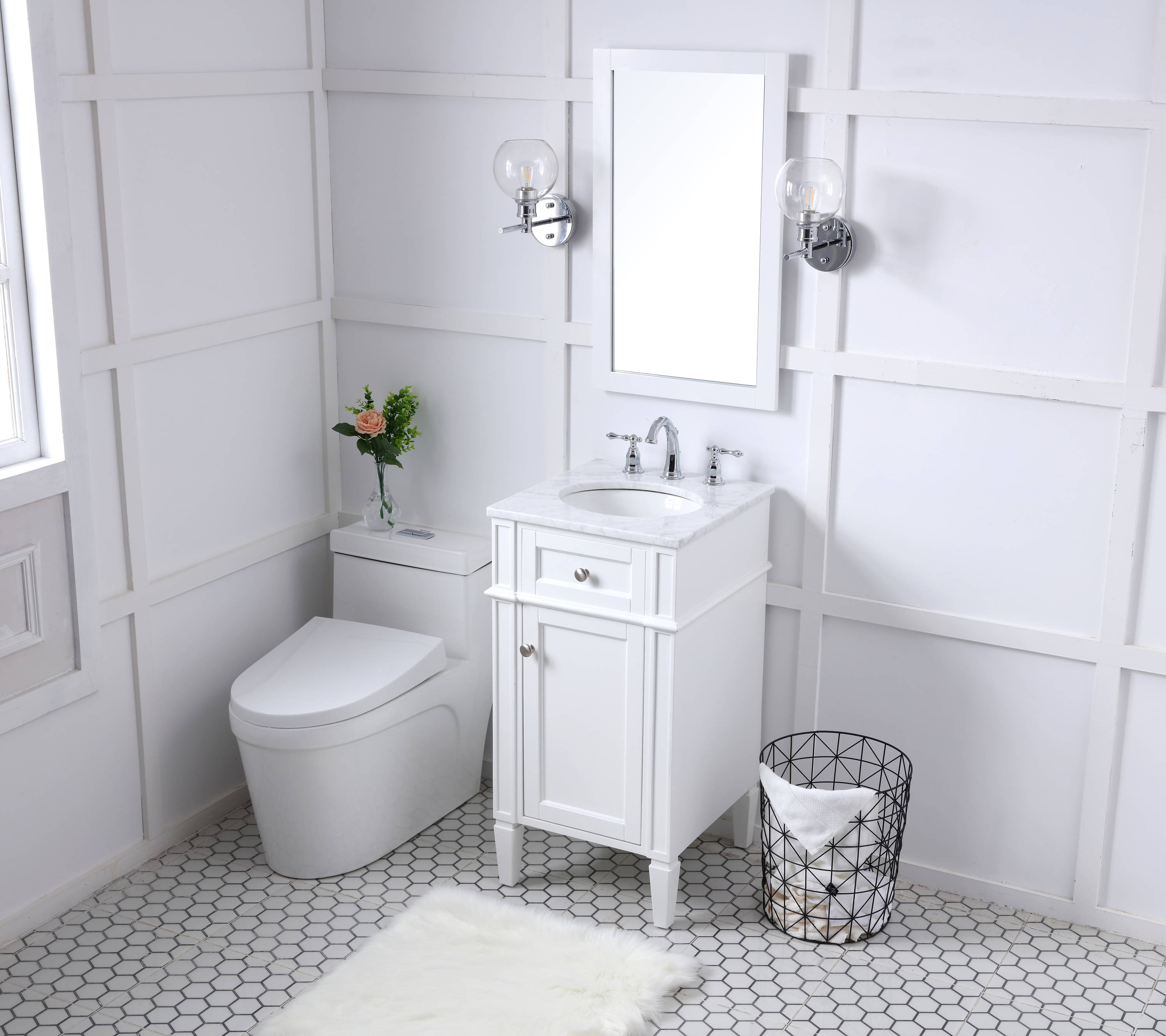 White Carrara Marble Single Sink Vanity with Storage Cabinet