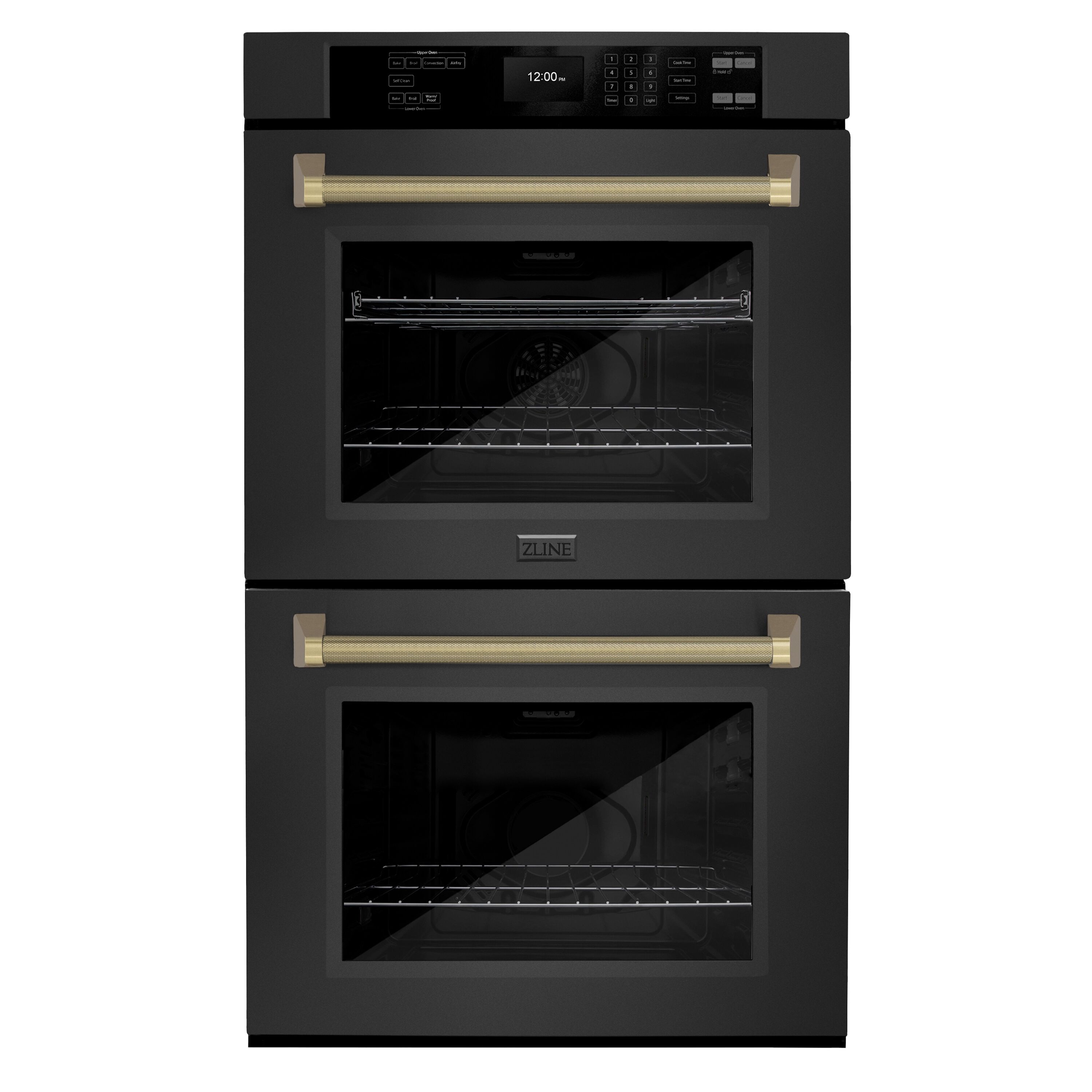 ZLINE KITCHEN & BATH 30 inch Double Electric Wall Oven with Air Fry Self-cleaning ( Black Stainless Steel, Champagne Bronze Handle ) #WADBZ-30-KCB