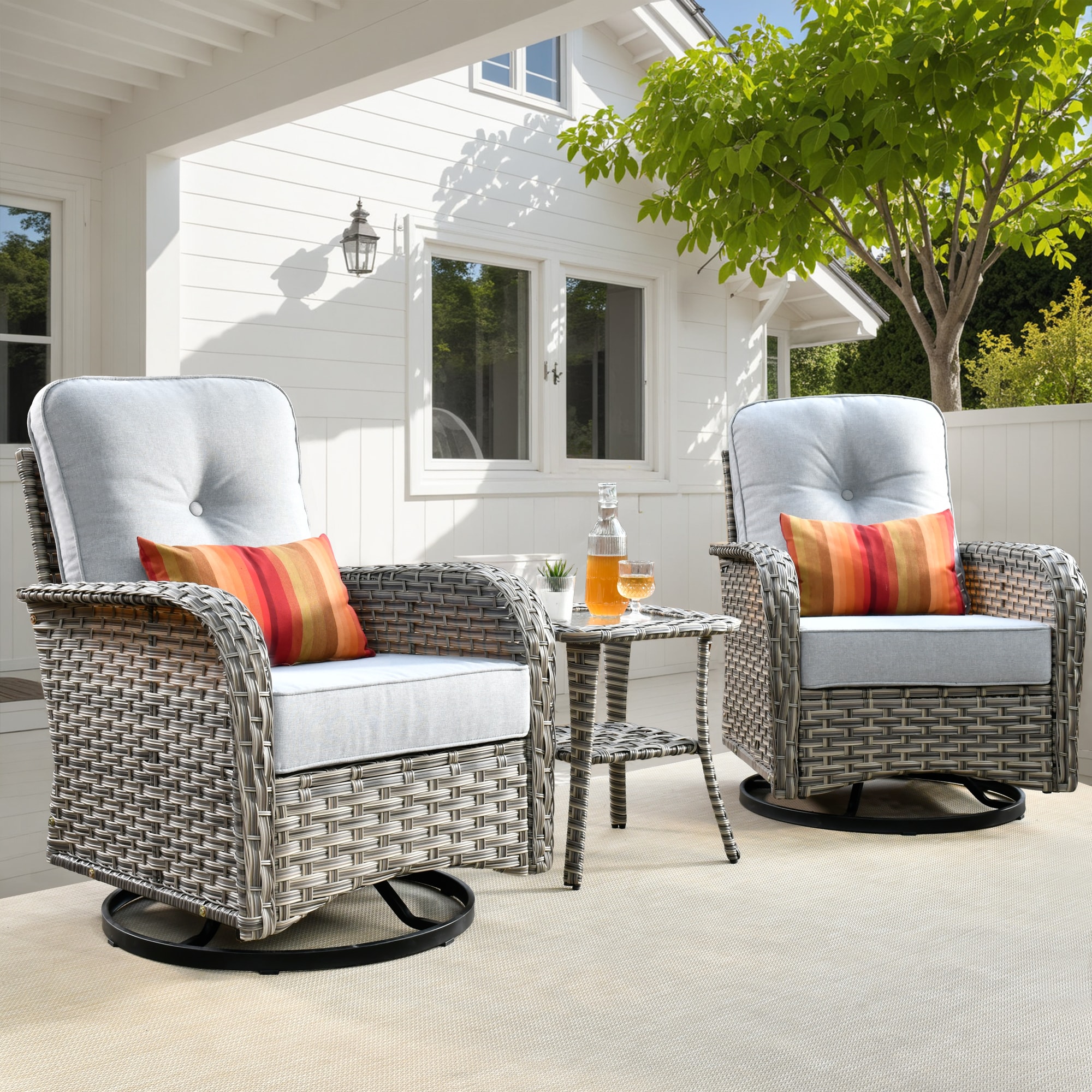 Ovios VNC-4Y 3 -Piece Wicker Patio Conversation Set with Light Gray Cushions
