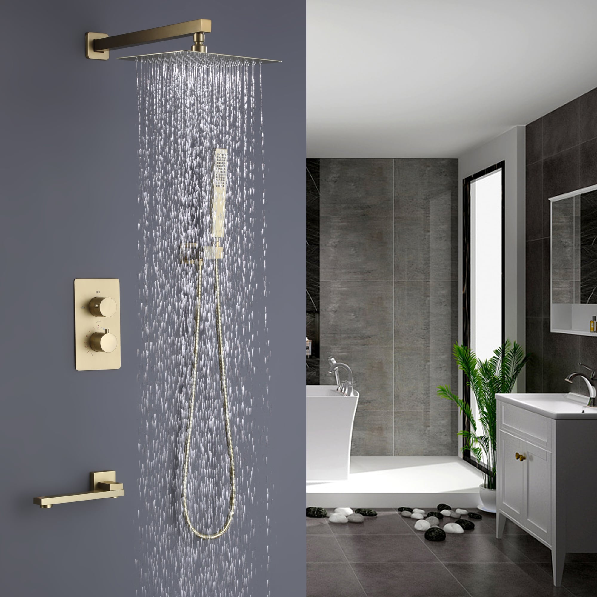 WELLFOR Brushed Gold 10-in Dual Head Built-In Shower Faucet System with ...