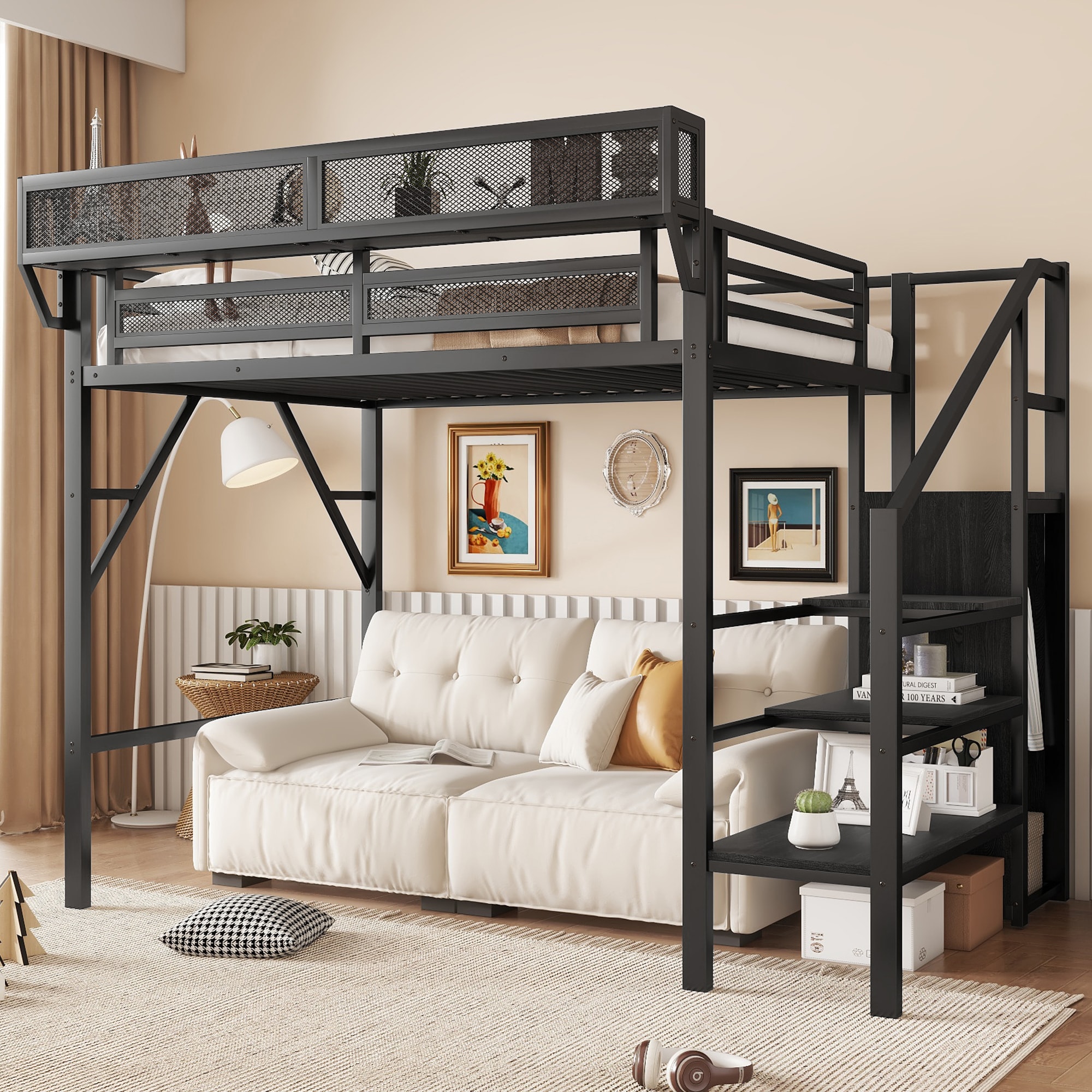 Vynxaria  Twin Steel Loft Bed with Desk Stair Access Black