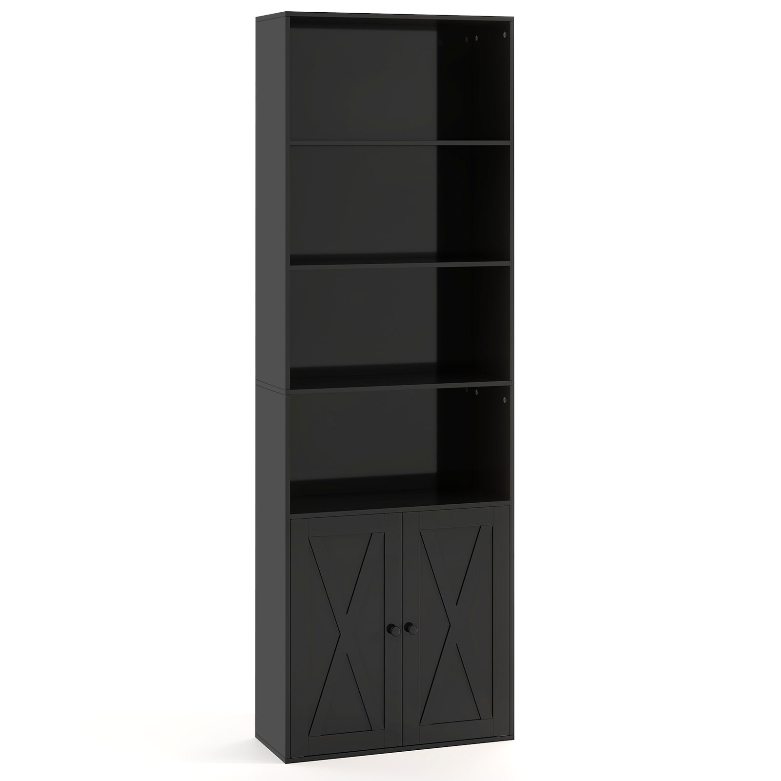 Slickblue D-CO-KD41501BC Black/ White Engineered Wood MDF 6-Tier Bookshelf with Cabinet for Living Room or Kitchen (23.5W x 71H x 9.5D) Smooth Finish
