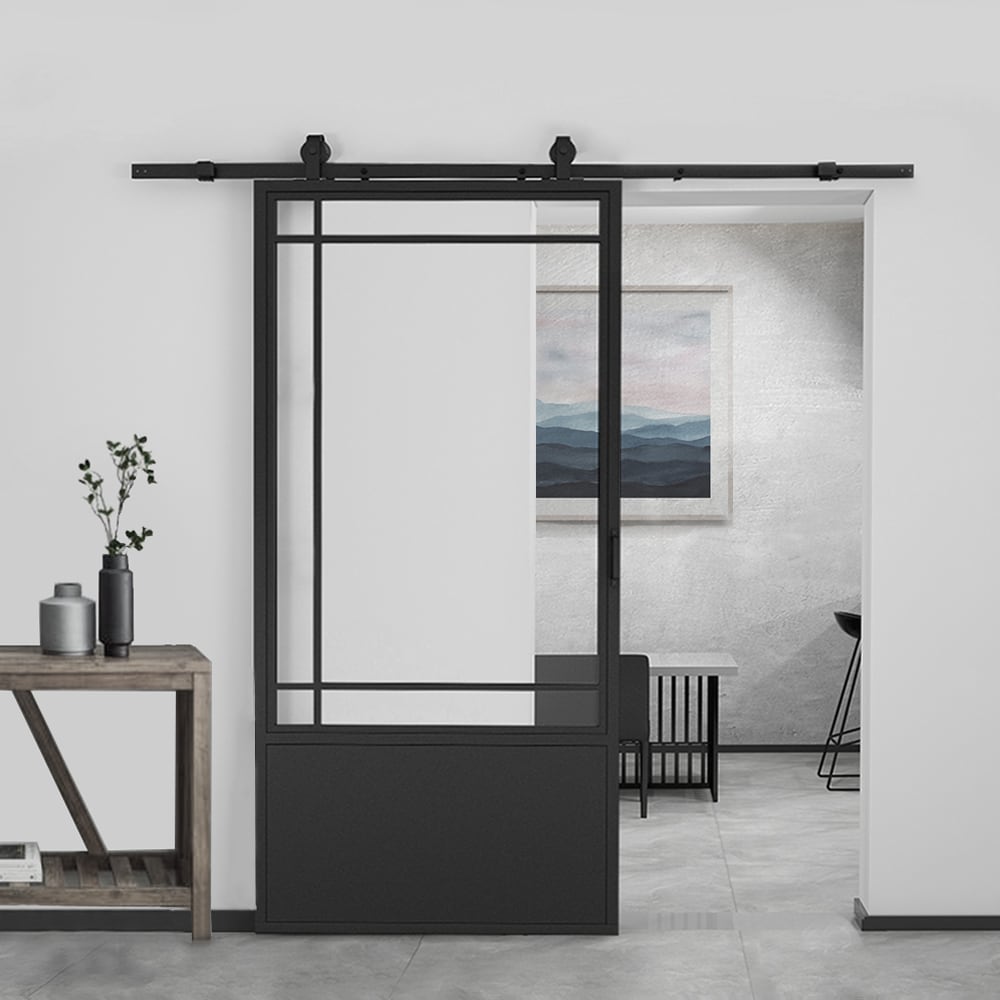 CALHOME 37-in x 84-in Black Clear Glass Steel Single Barn Door ...