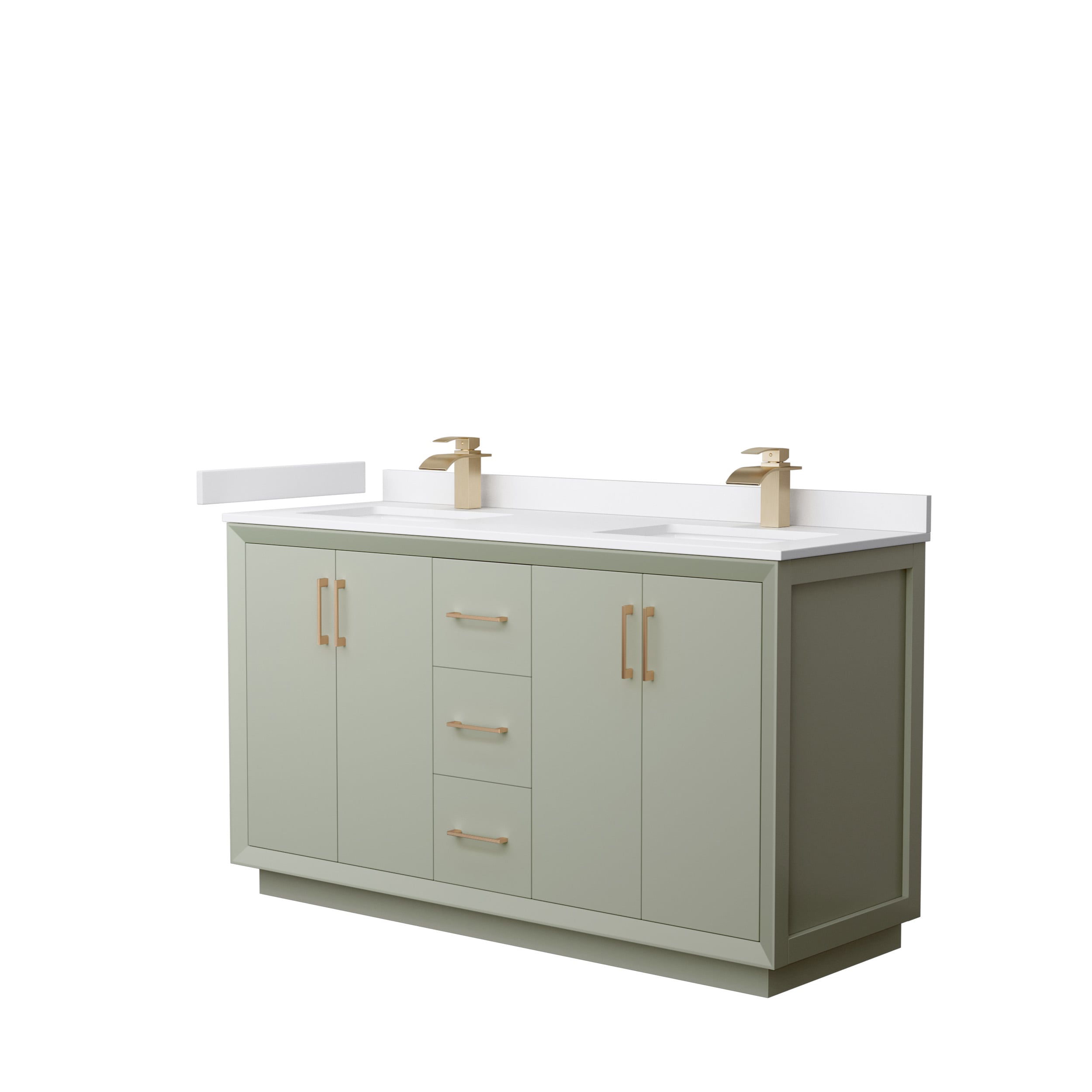 Wyndham Collection WCF414160DLZWCUNSMXX Strada 60-in Light Green with Satin Bronze Trim Undermount Double sink Bathroom Vanity with White cultured marble Cultured marble Top