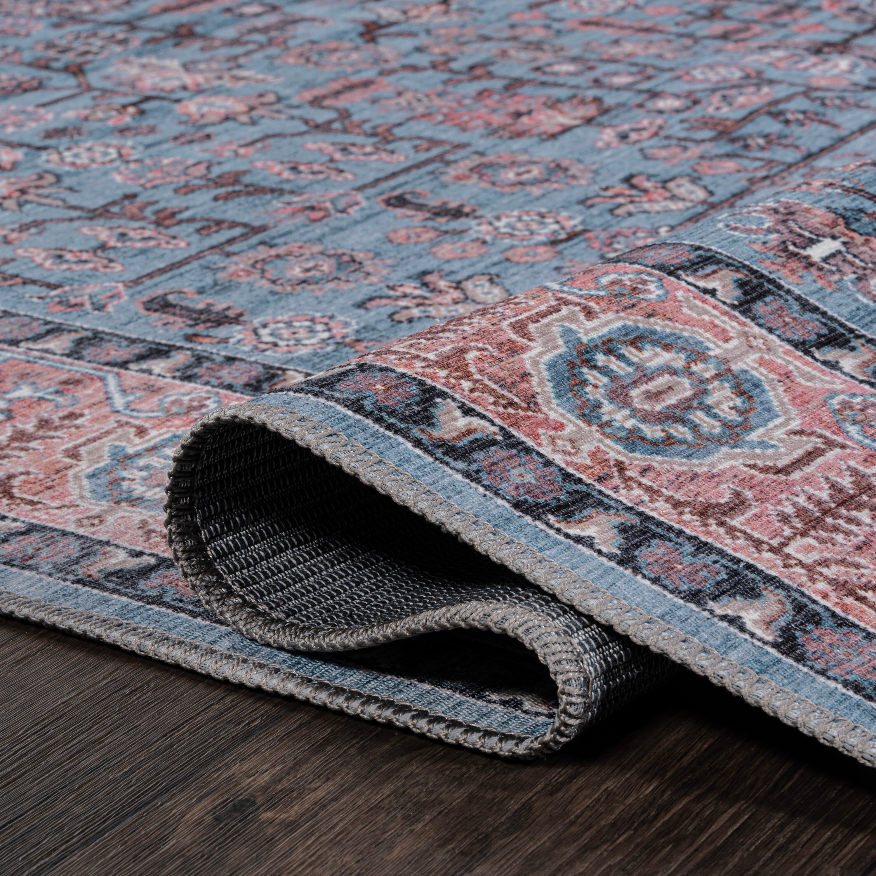 Persian-Inspired Blue and Red Chenille Washable Area Rug