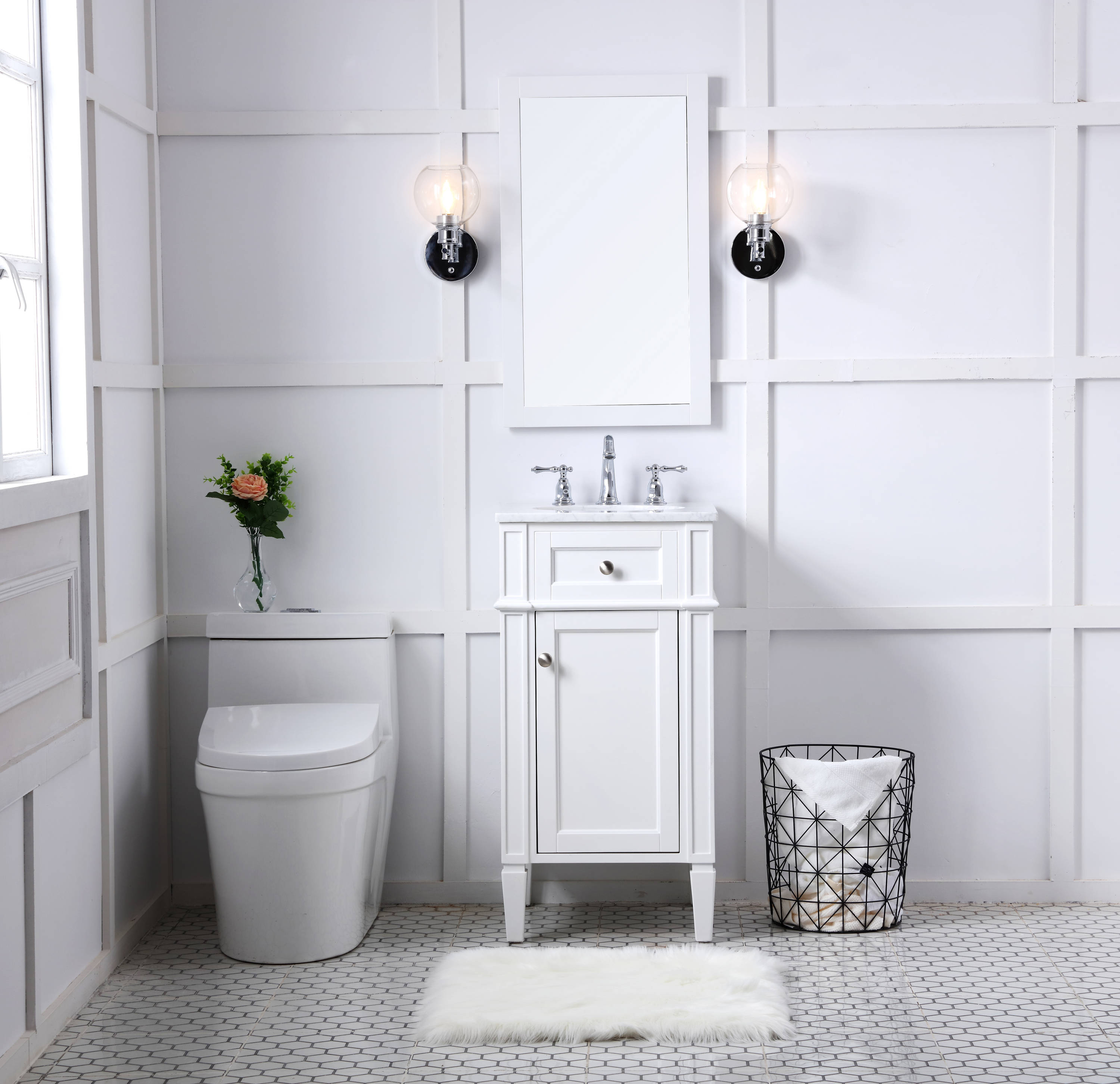 White Carrara Marble Single Sink Vanity with Storage Cabinet
