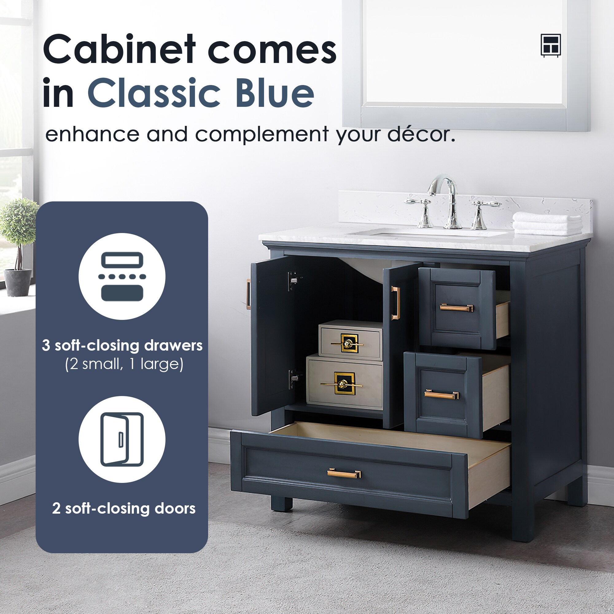 Isla 30" Classic Blue Single Vanity with White Marble Countertop