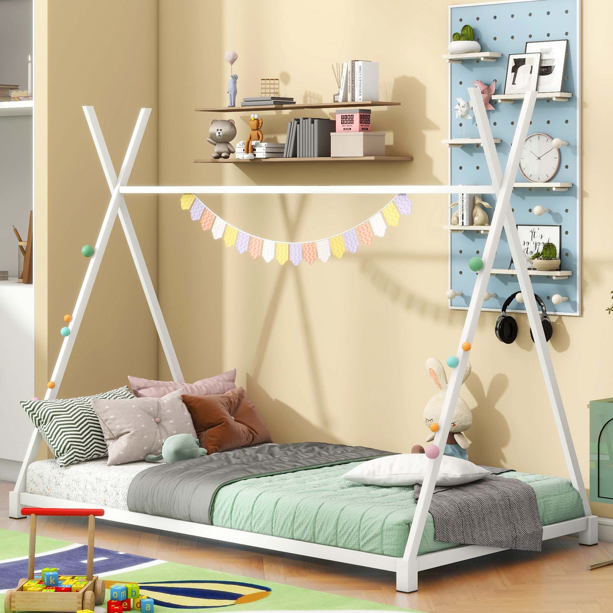 CIPACHO HCSE2505233067 Metal Twin Size House Platform Bed with Triangle Structure  White