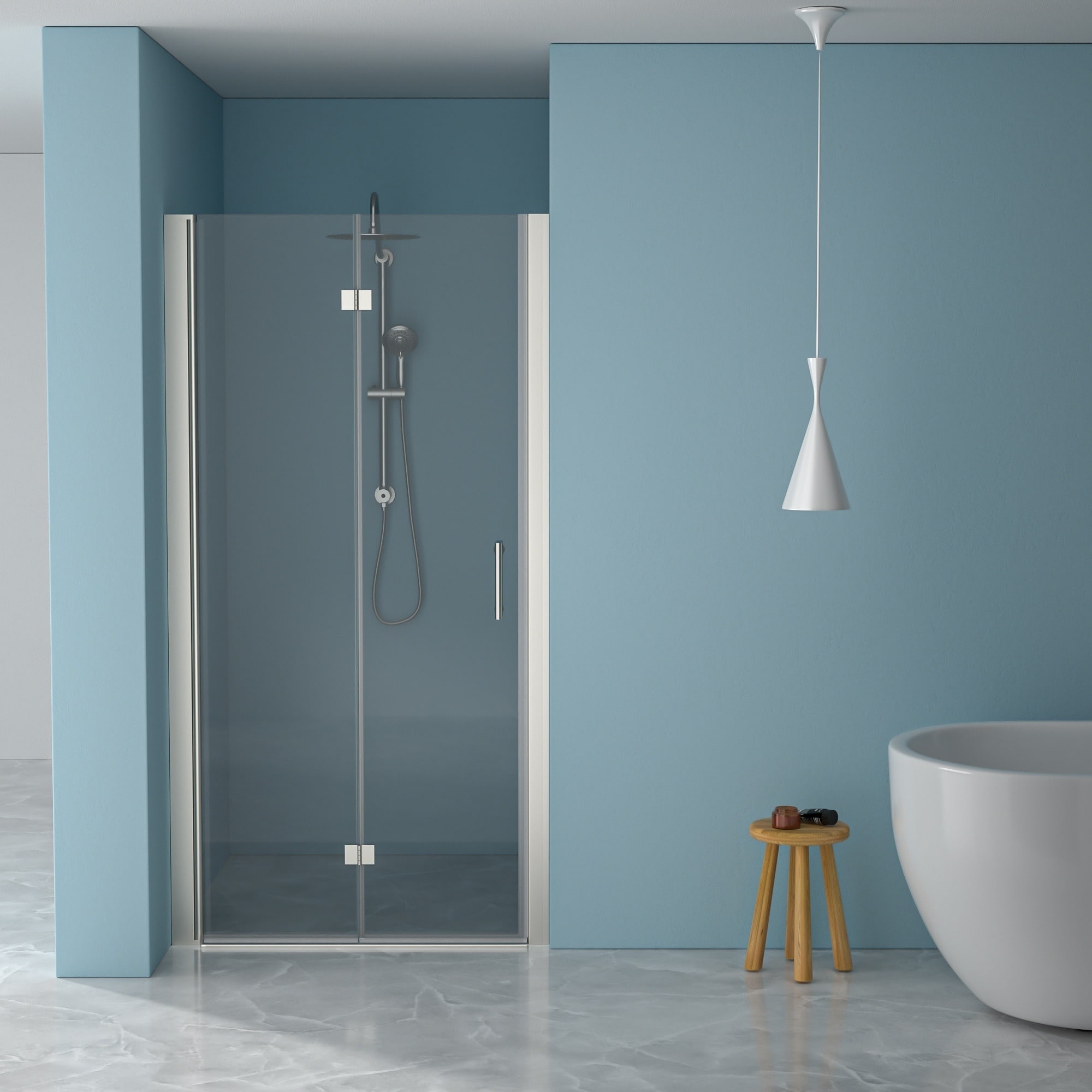 IAK 36 inch Brushed Silver Frameless Bi-Fold Shower Door with Tempered Glass and Adjustable Width