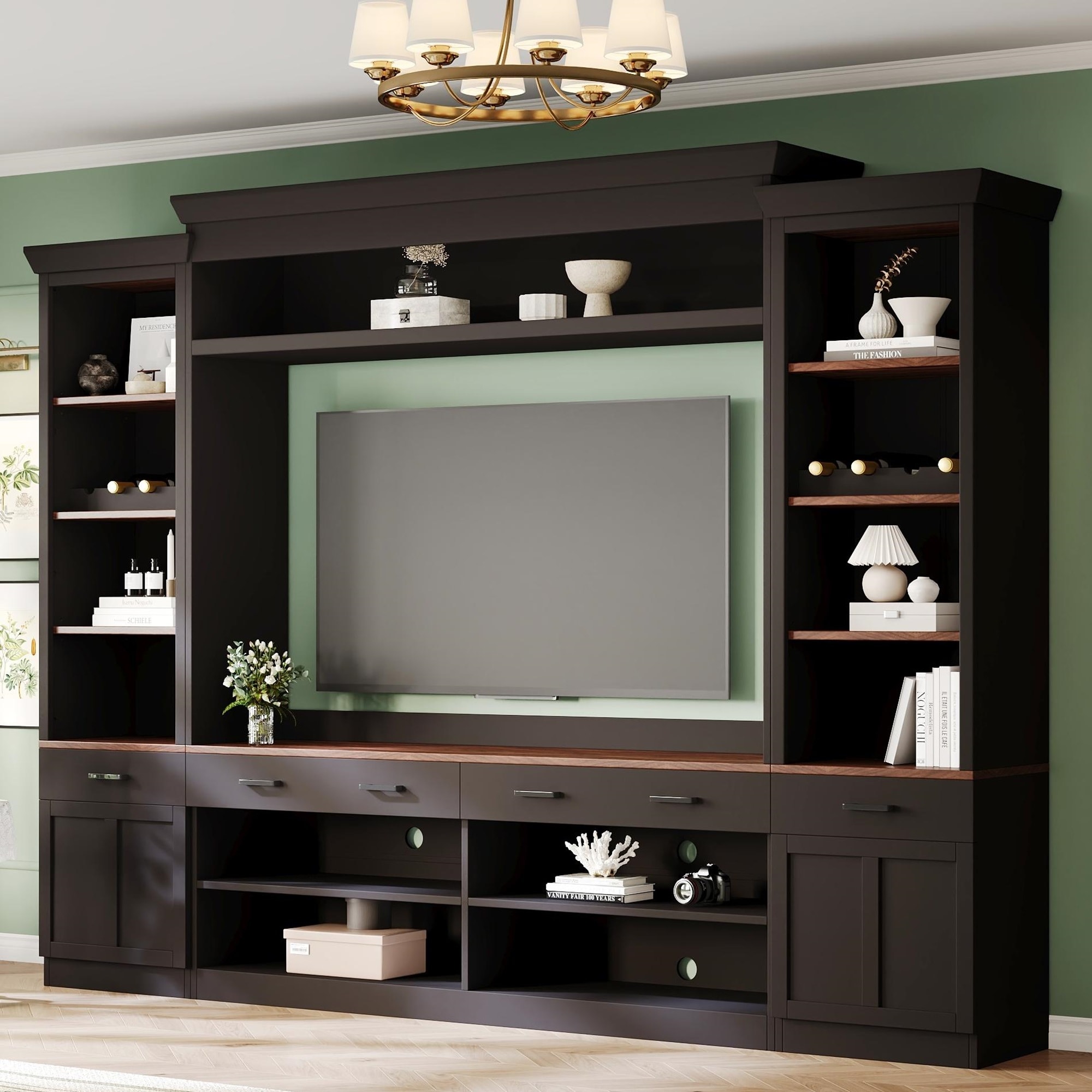 LOVMOR SF-Y-N721S000046B ON TREND Farmhouse 4 Piece Entertainment Wall Unit Set with Bookshelf for TVs Up to 70in Walnut TV Stand with Adjustable Shelves Mid Century Large Media Console with Wine Rack for Living Room Black