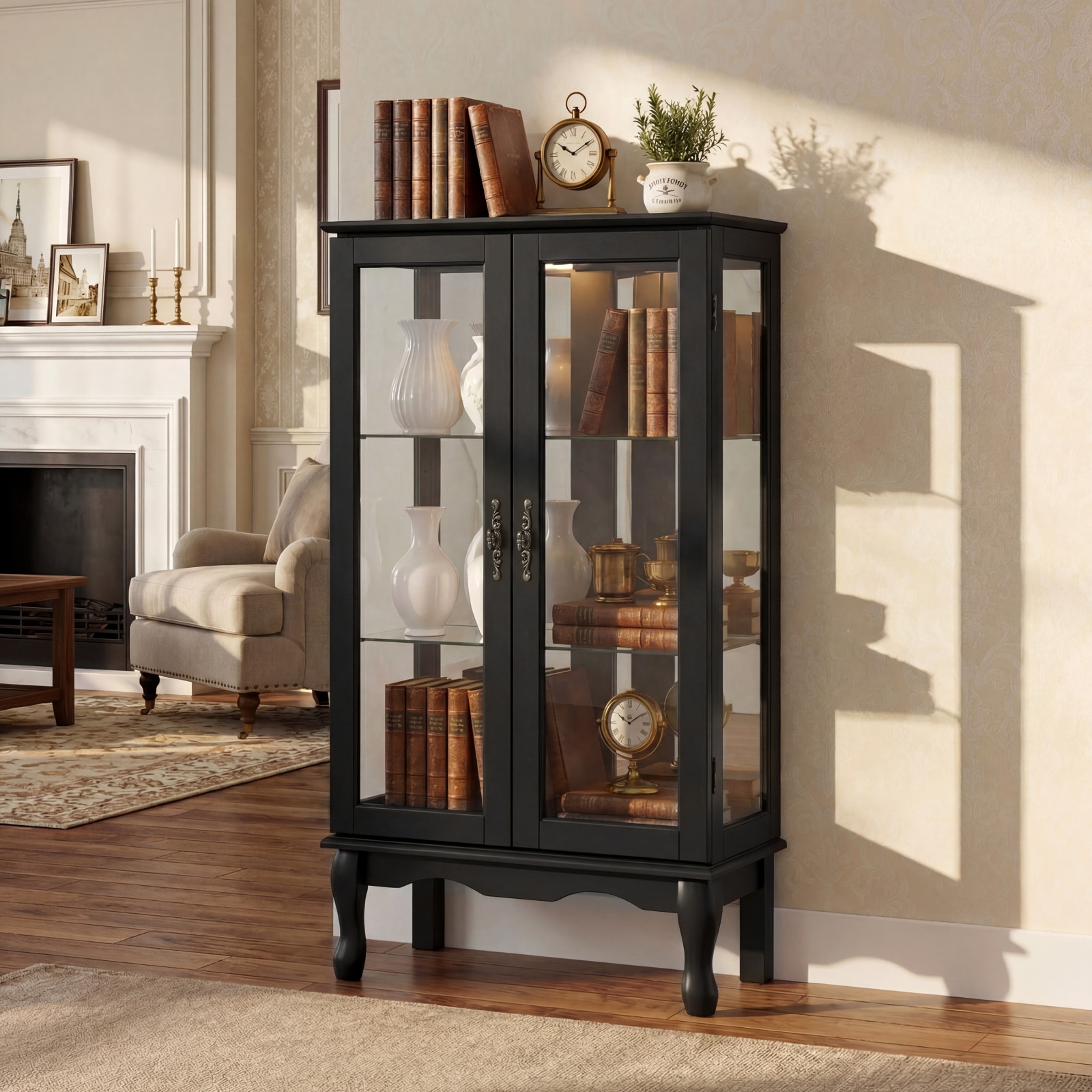 CHITA Modern Tempered Glass Curio Cabinet with 2 Doors 3 Adjustable Shelves Interior Lighting Light Bulb Not Included Mirror Glass Doors Black