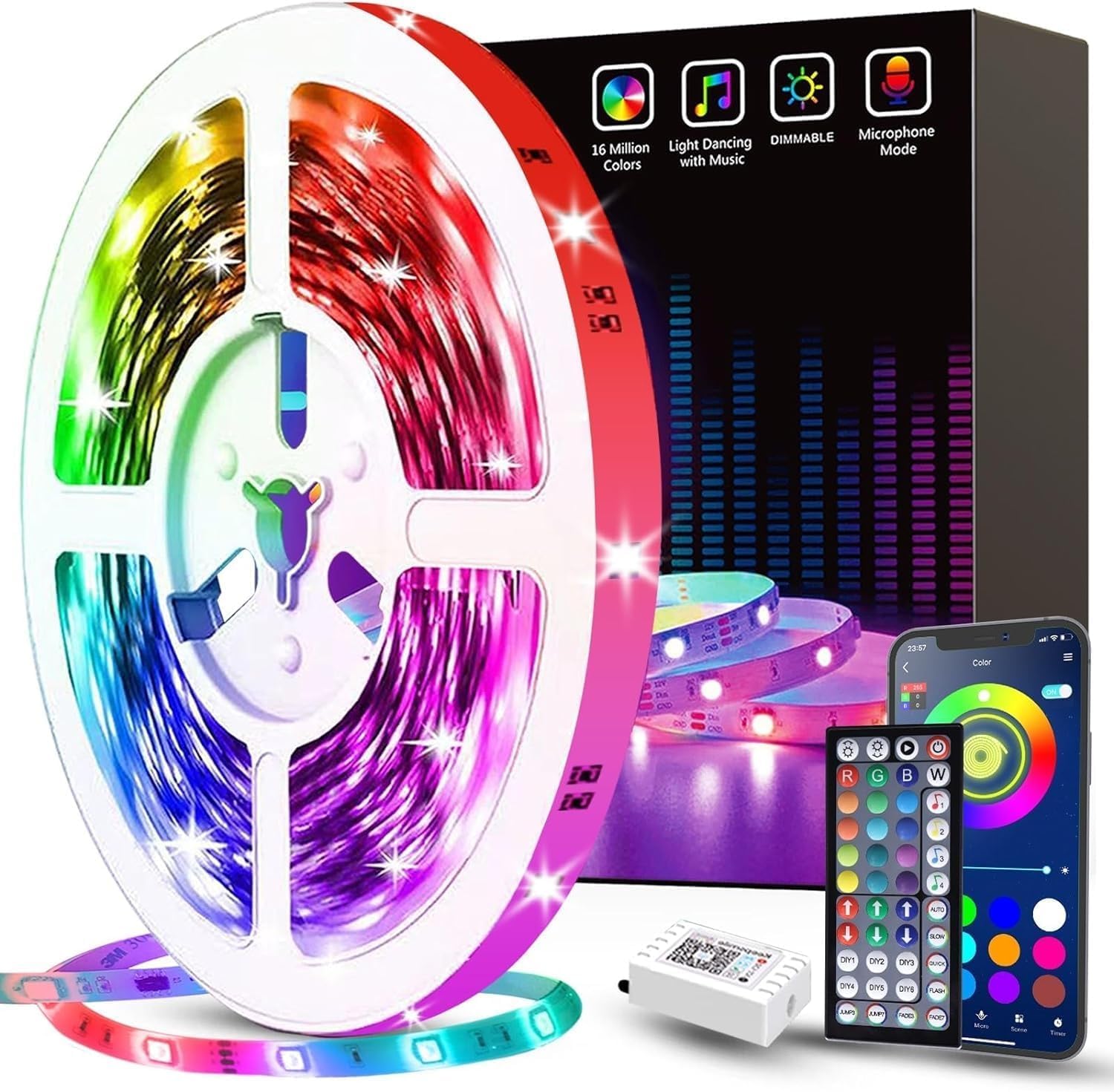 Segrass - 50ft Smart LED Strip Lights with App Control and 23-Key Remote Music Sync Color Changin...