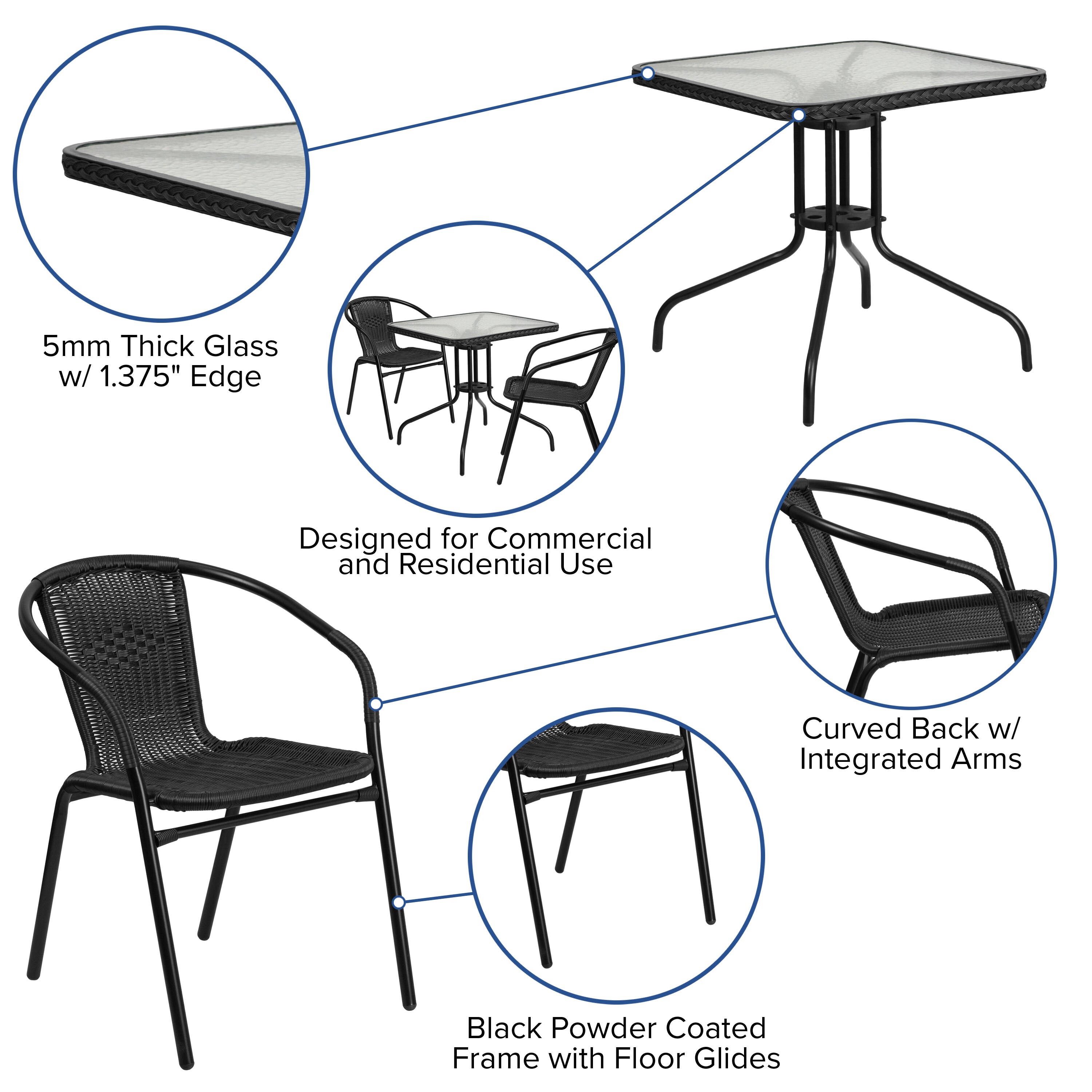 Clear Glass and Black Rattan 3-Piece Bistro Set