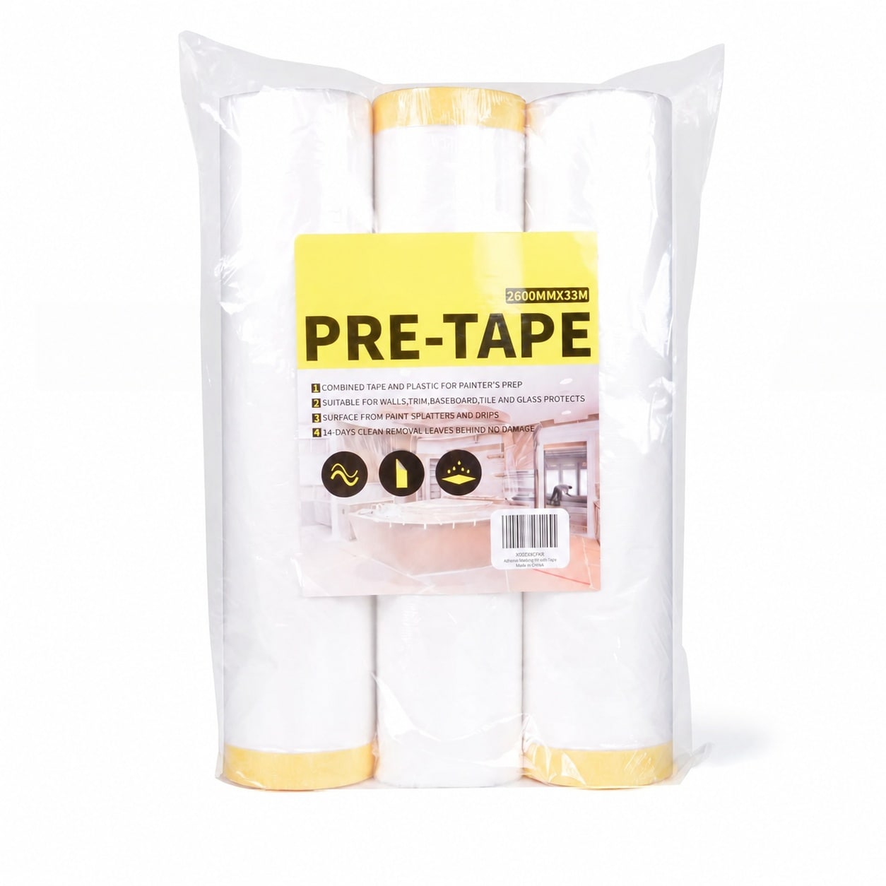 KHKFY  Pre Taped Masking Film with Adhesive Edge 103 Inch x 36 Yards 3 Roll Paintable Tear Resistant Plastic for Floor Furniture Car and Surface