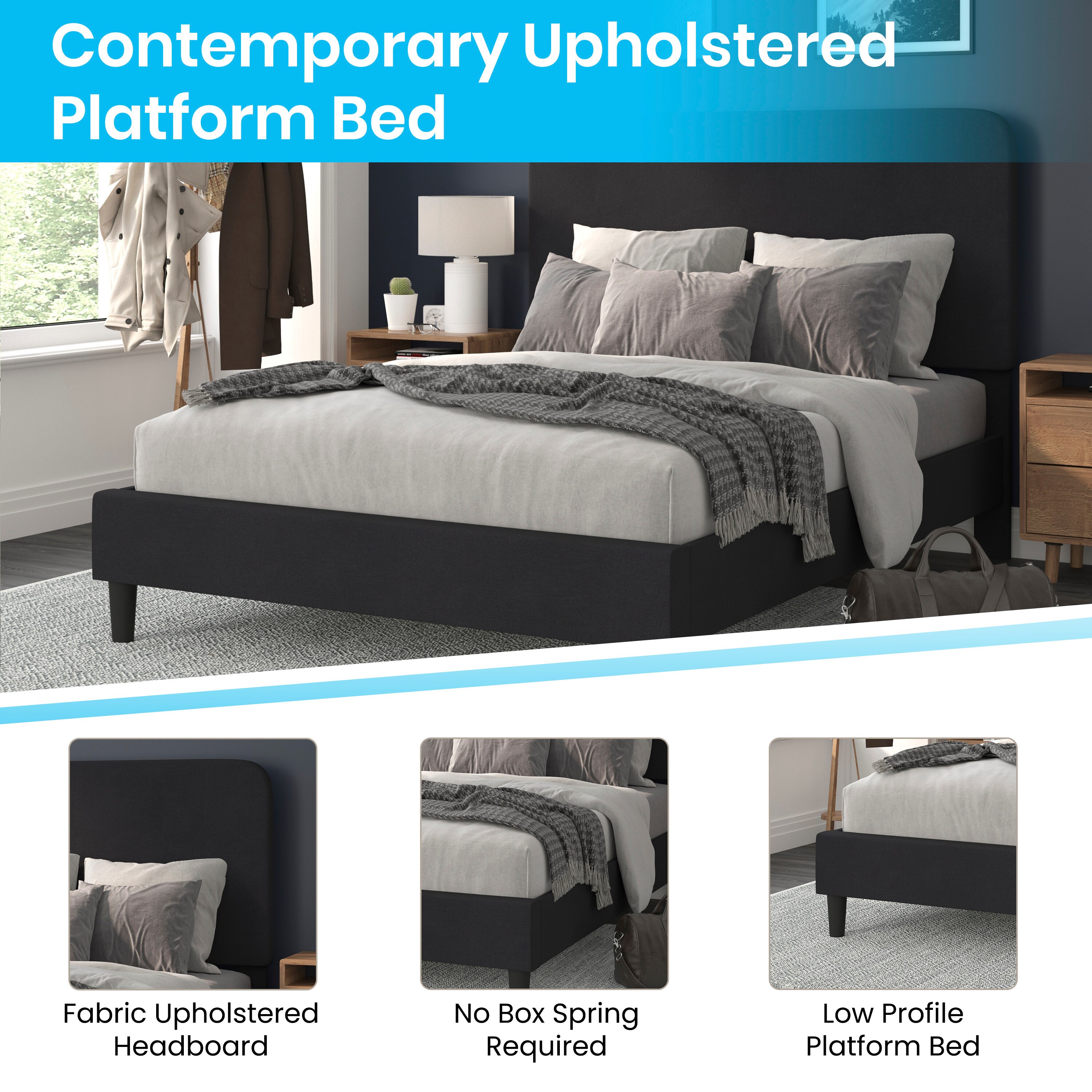 Charcoal Queen Upholstered Platform Bed with Rounded Headboard