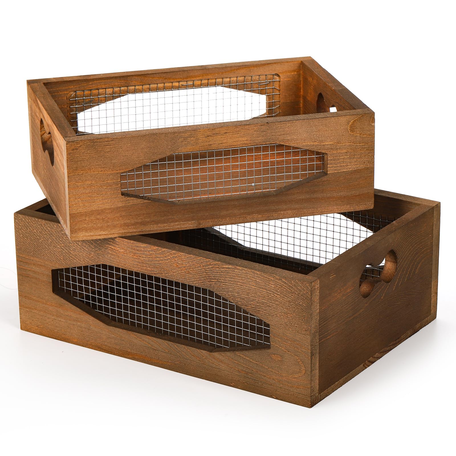 Aoibox  Set of 2 Wooden Nesting Countertop Baskets Decorative Wood Storage Box Farmhouse Rustic Crate with Cutout Handles