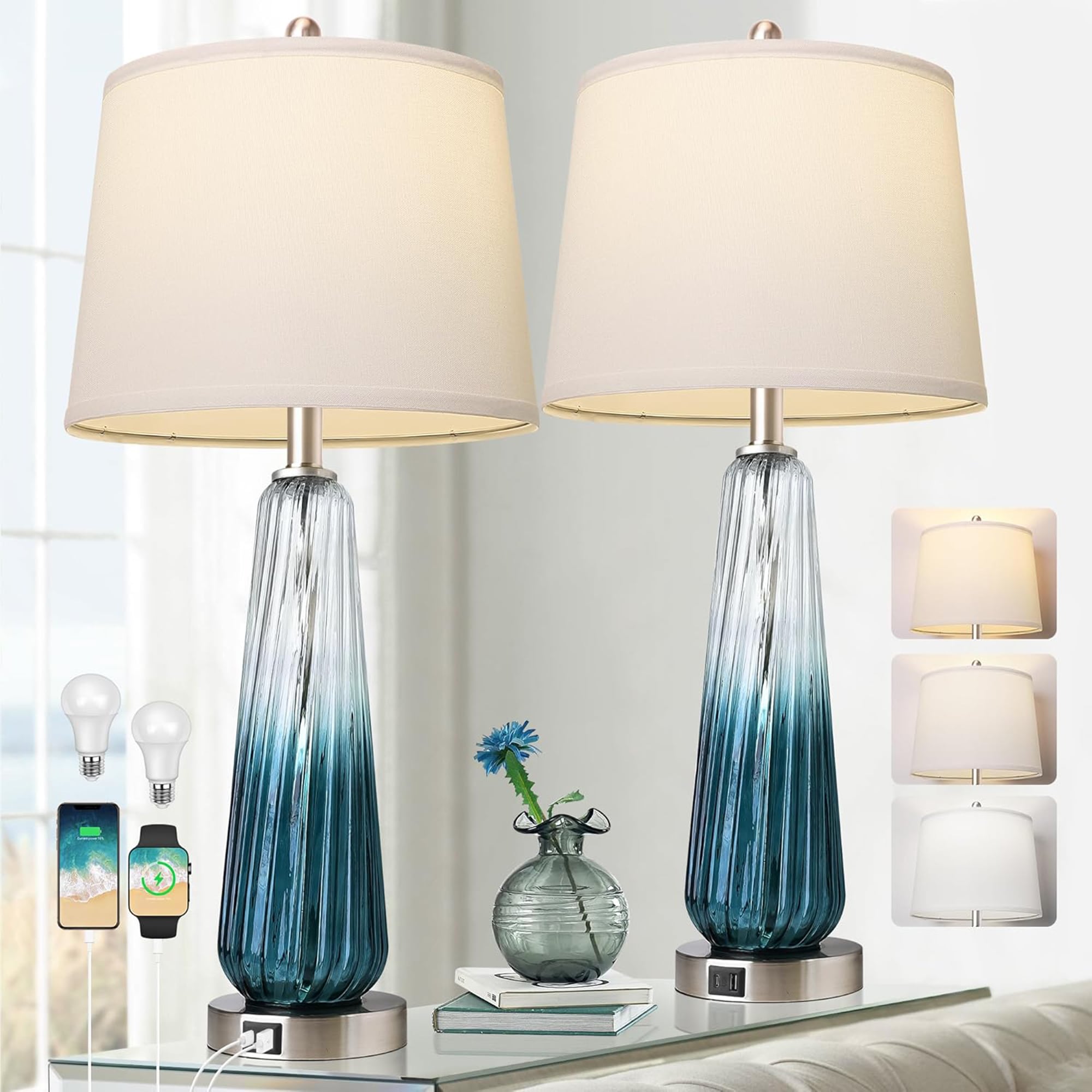 LETILY 36NUCYZG Table Lamp 8.5-in Blue LED Touch Table Lamp with Fabric Shade 2 -Set