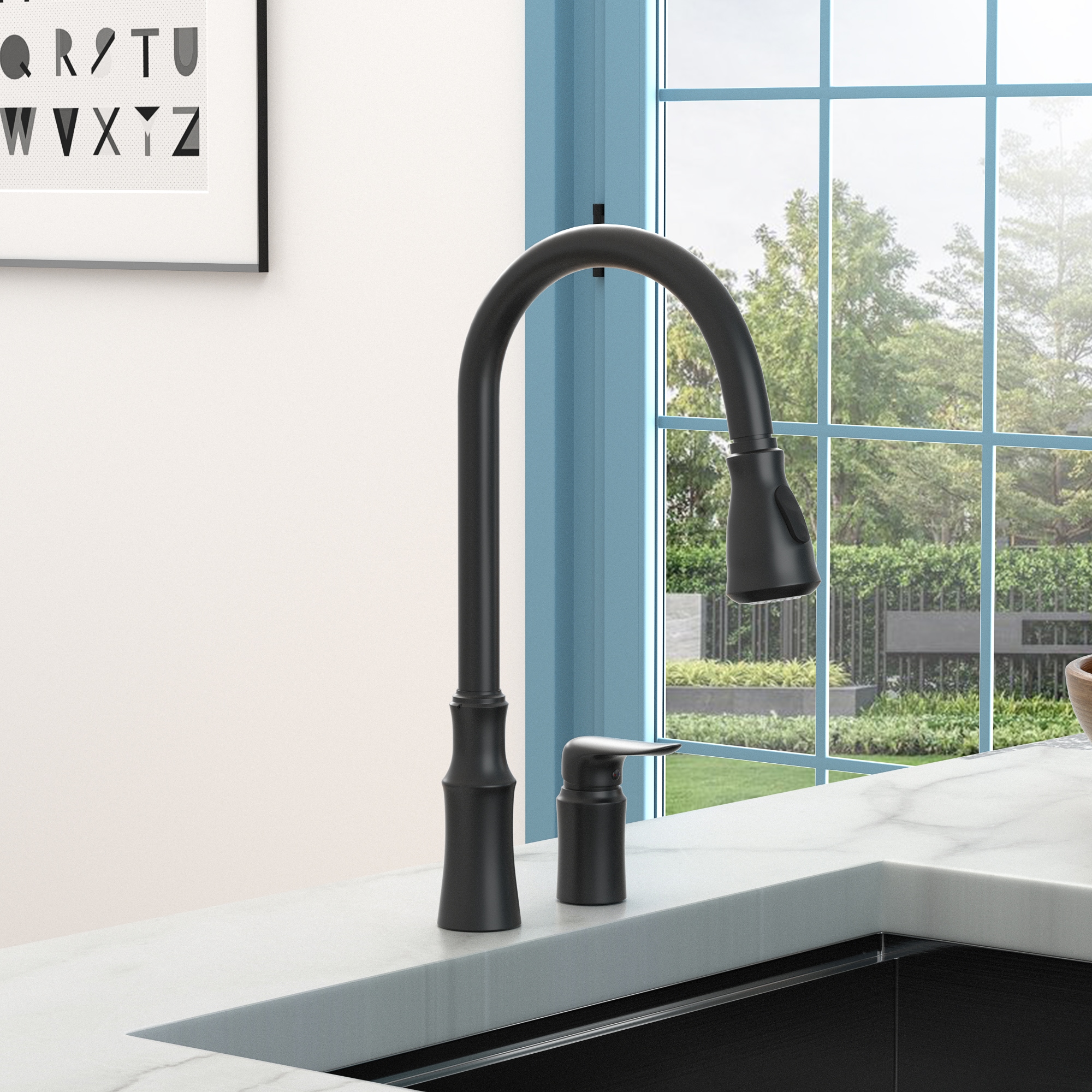 RITSU  Kitchen Sink Faucet with Separate Handle Matte Black and Pull Down sprayer and 360 degree swivel spout and Single Handle control and aerated stream mode and brass construction and lead free waterway and Easy Clean finish