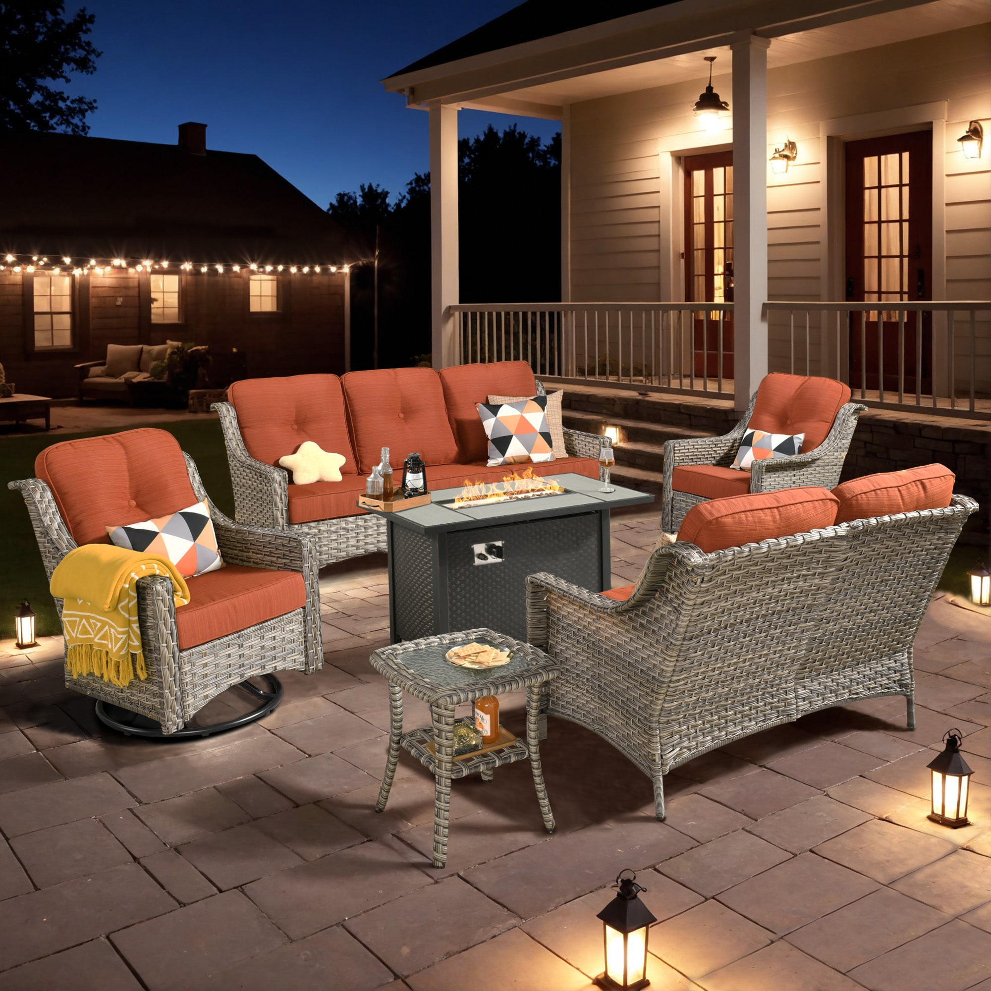 Ovios RFP03PD8-5Y 6 -Piece Rattan Patio Sofa Conversation Set with Orange Cushions