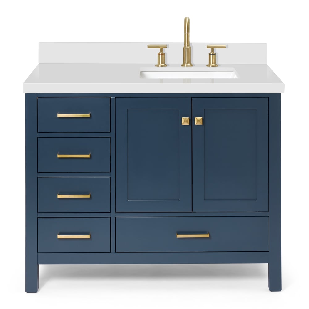 Midnight Blue 43" Freestanding Vanity with White Quartz Top