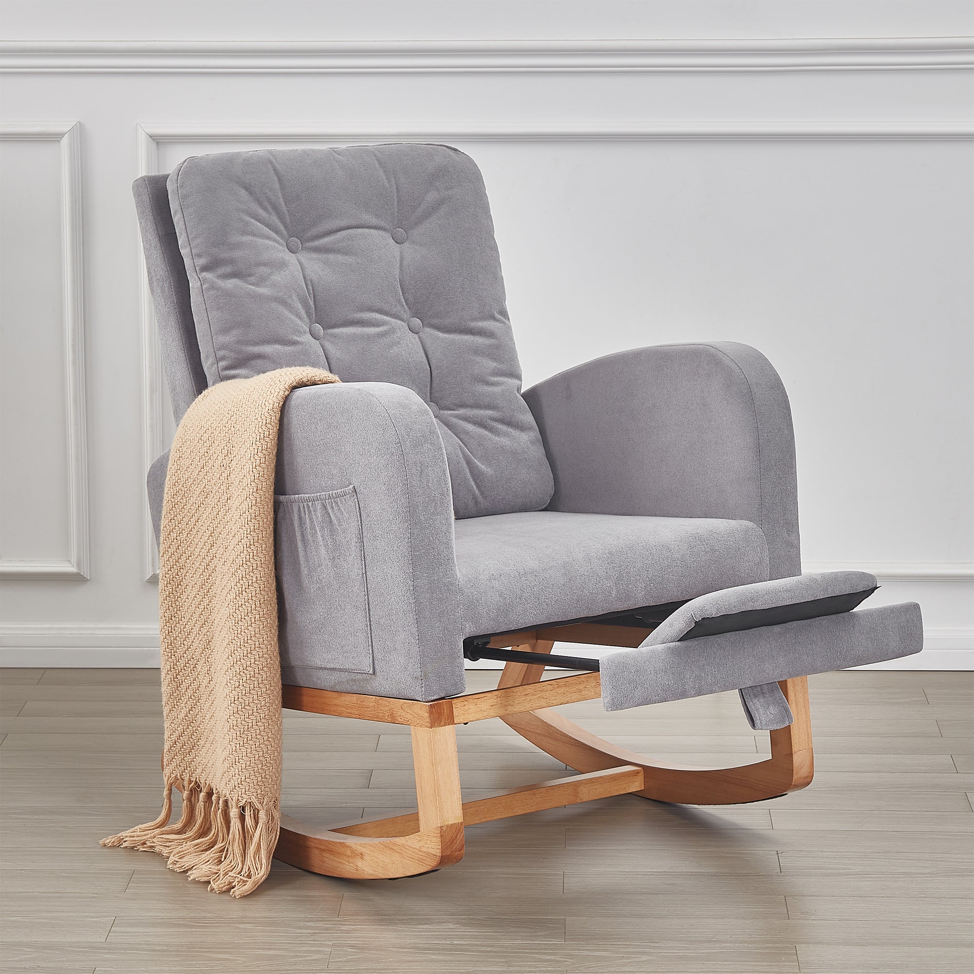 Vecelo LOE-CC11-GRY Rocking Chair With Adjustable Footrest Modern Glider Chair High Button Tufted Backrest Upholstered Nursery Chair With Wood Legs Side Pocket Rocker Armchair For Living Room Bedroom