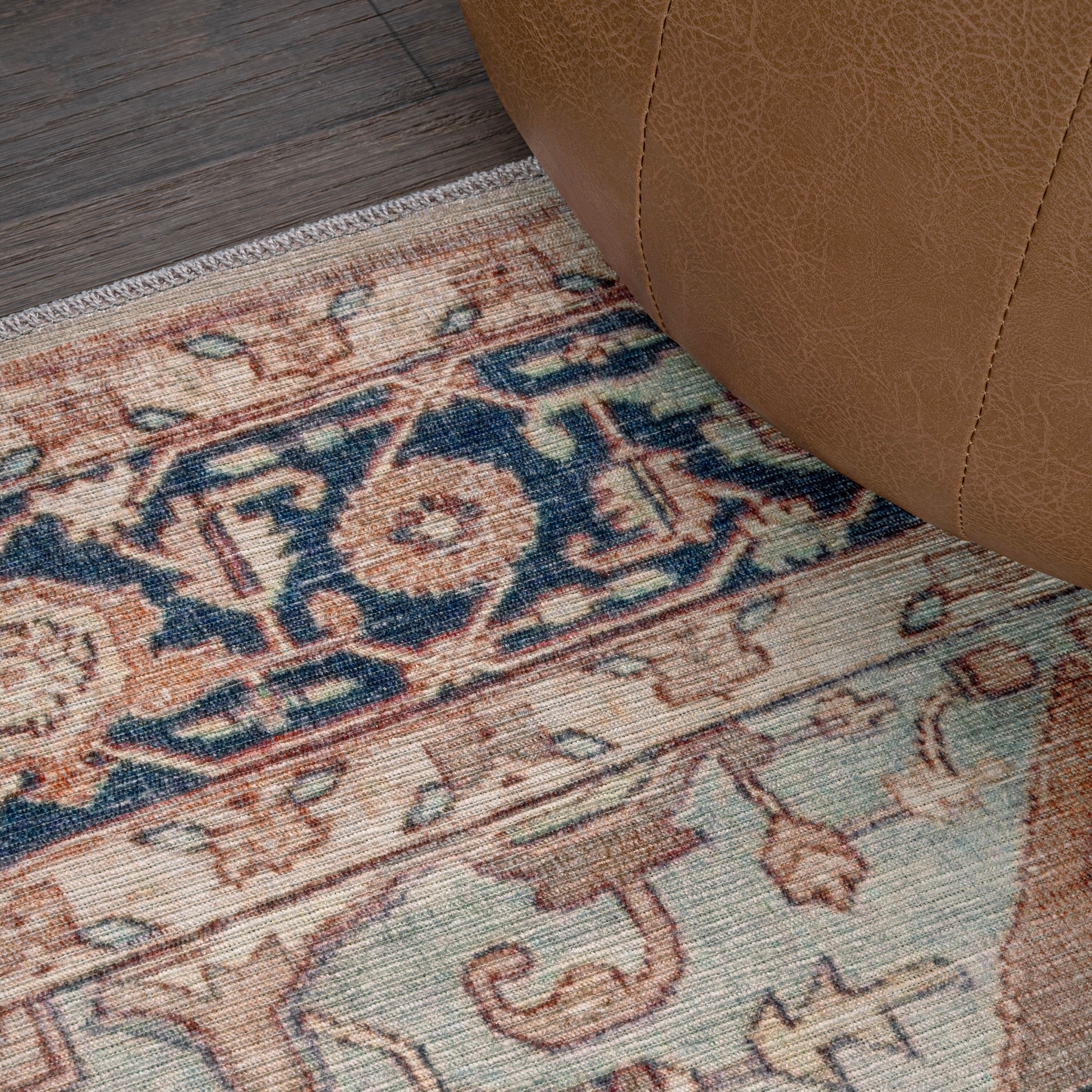 Maris Ornate Medallion Machine-Washable Beige and Blue Chenille Area Rug