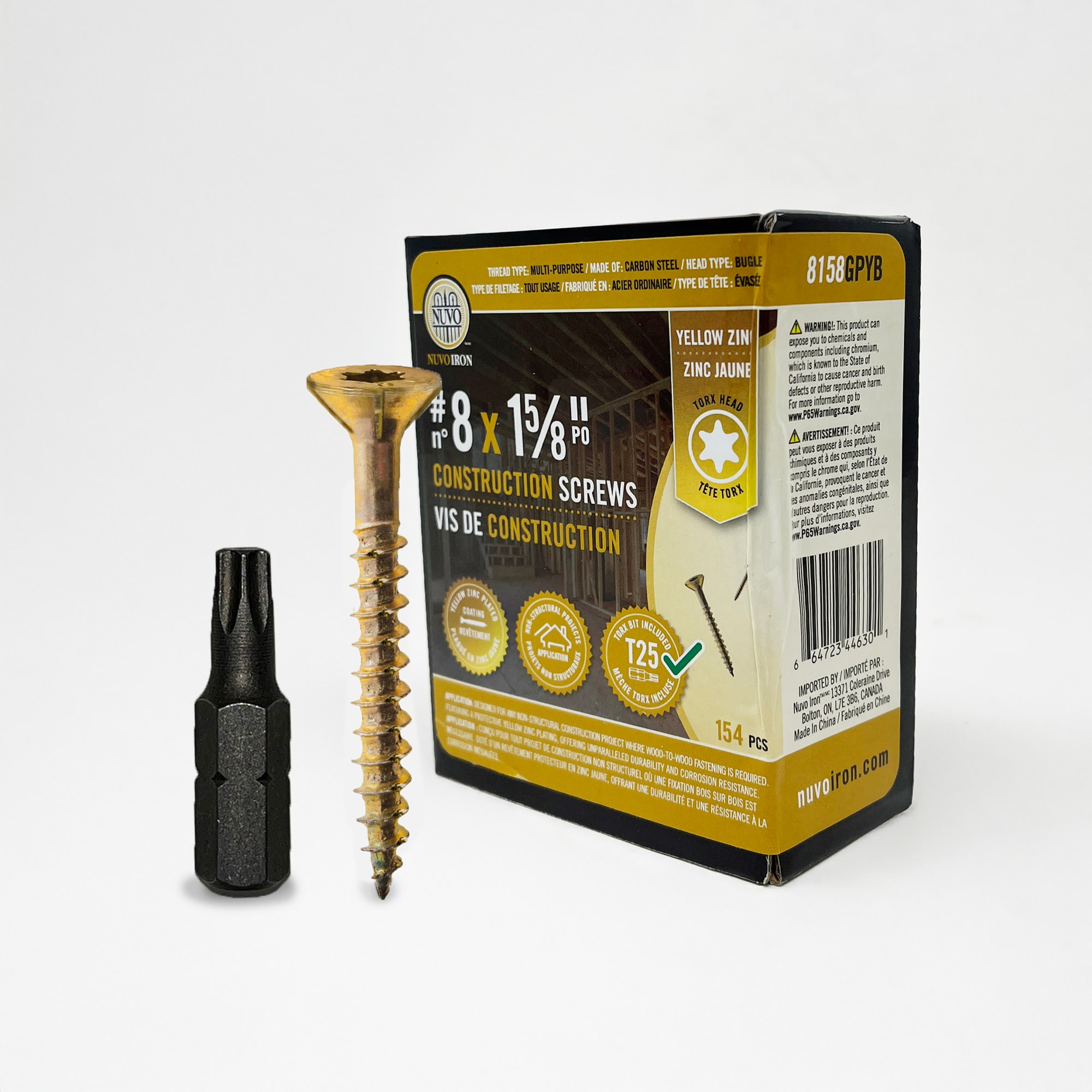 Nuvo Iron 8158GPYB #8 x 1-5/8-in Yellow Zinc Exterior Wood Screws (154-Per Box)