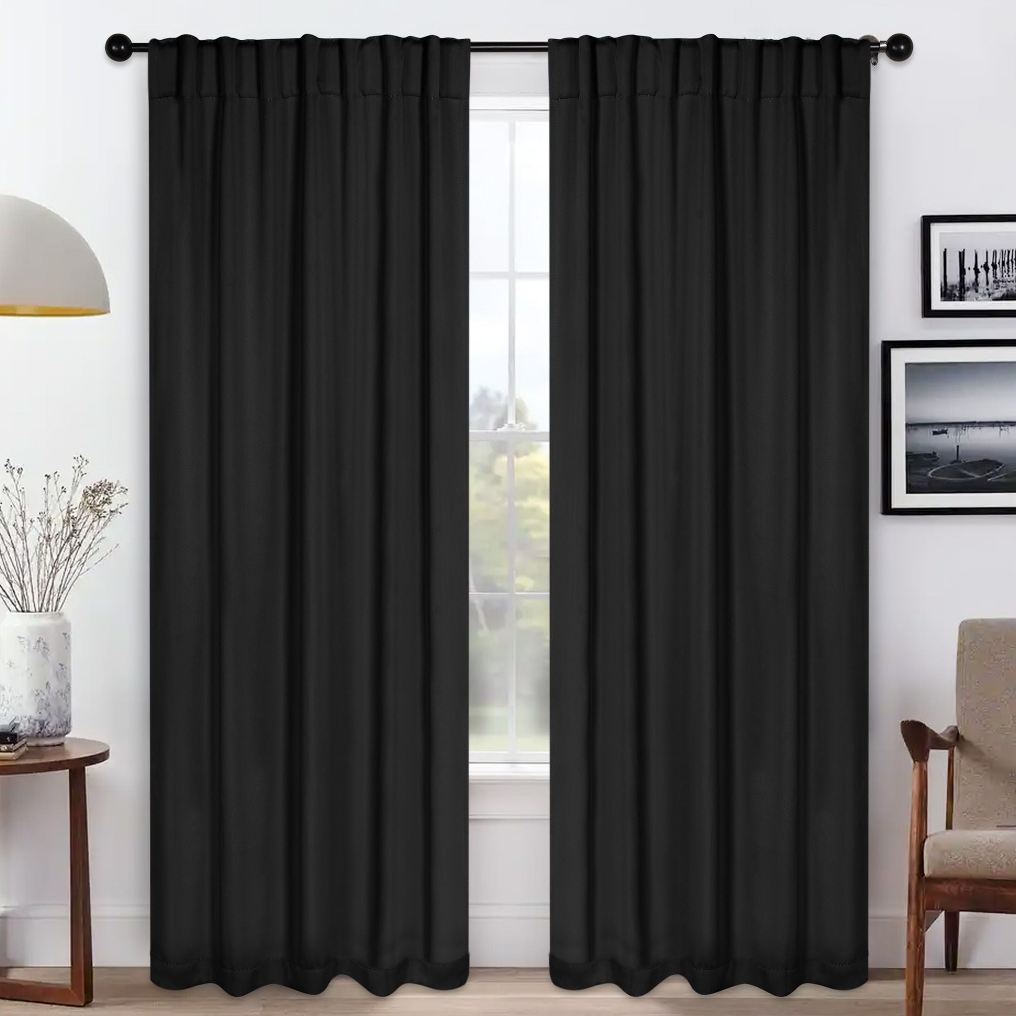 Superior 96-in Black Room darkening Back tab Curtain panel pair